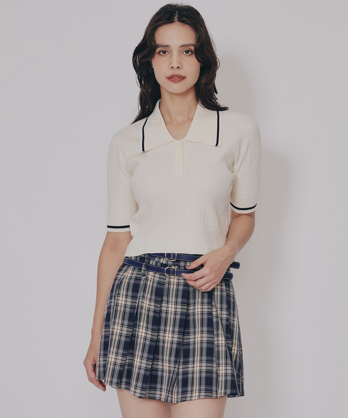 ダブルベルトチェックプリーツミニスカート