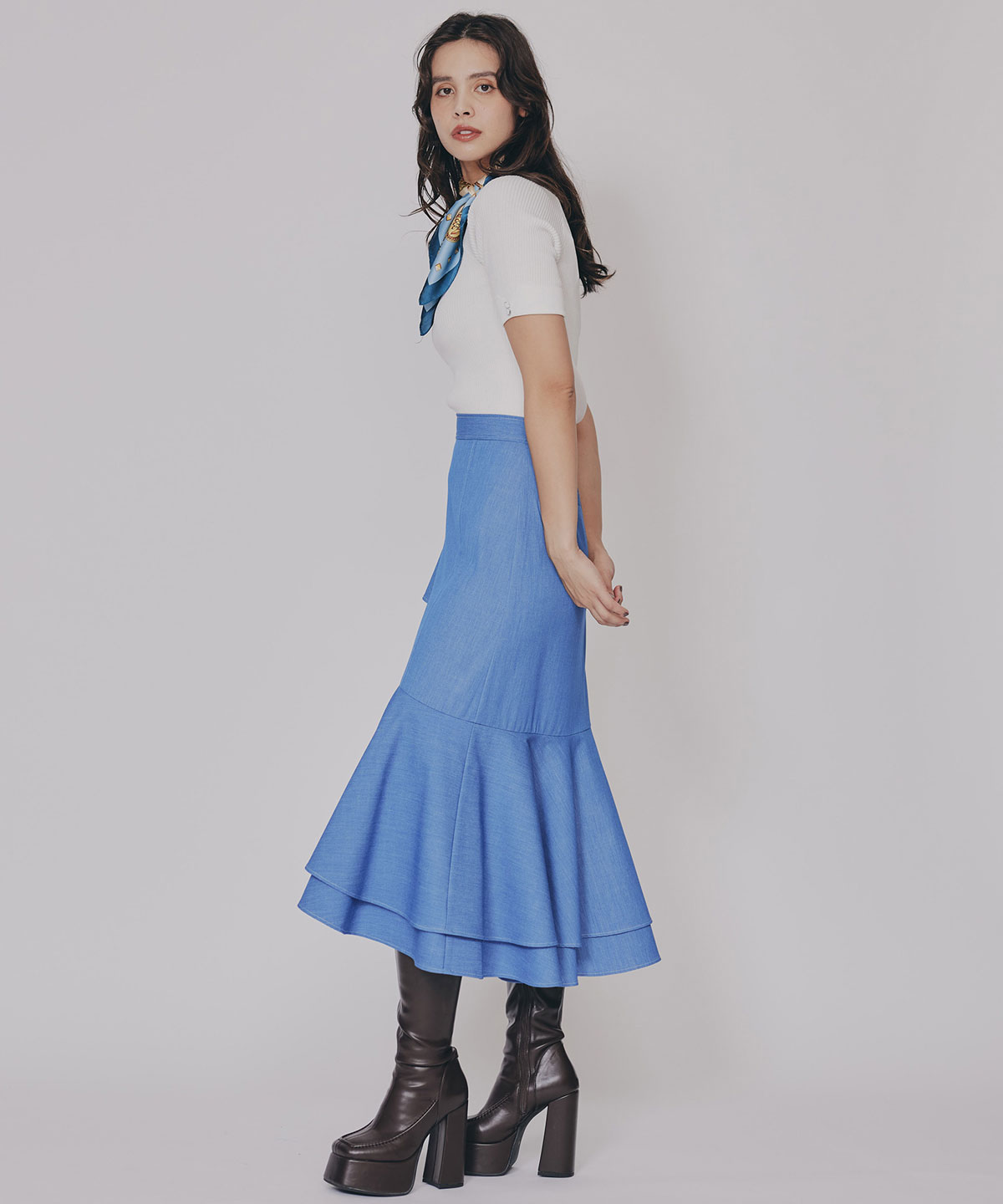 アシメフリルデニムライクティアードスカート