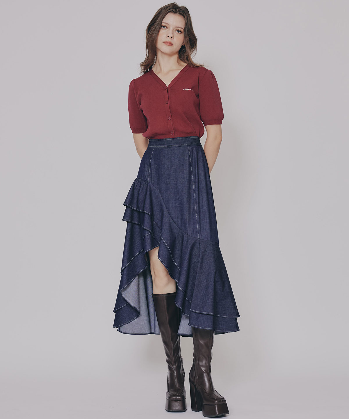 アシメフリルデニムライクティアードスカート