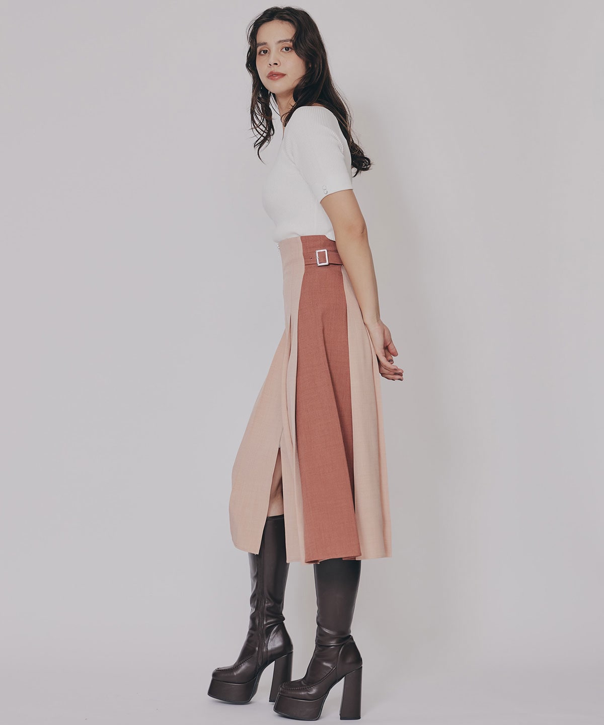 フロントジップバイカラーミディスカート