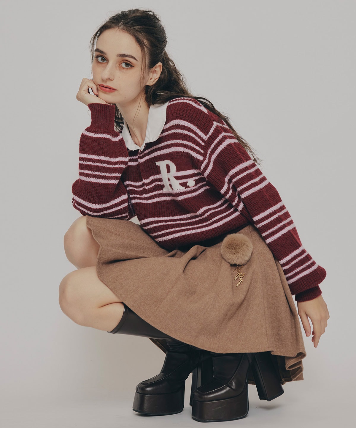 ファーチャームウールライクプリーツミニスカート