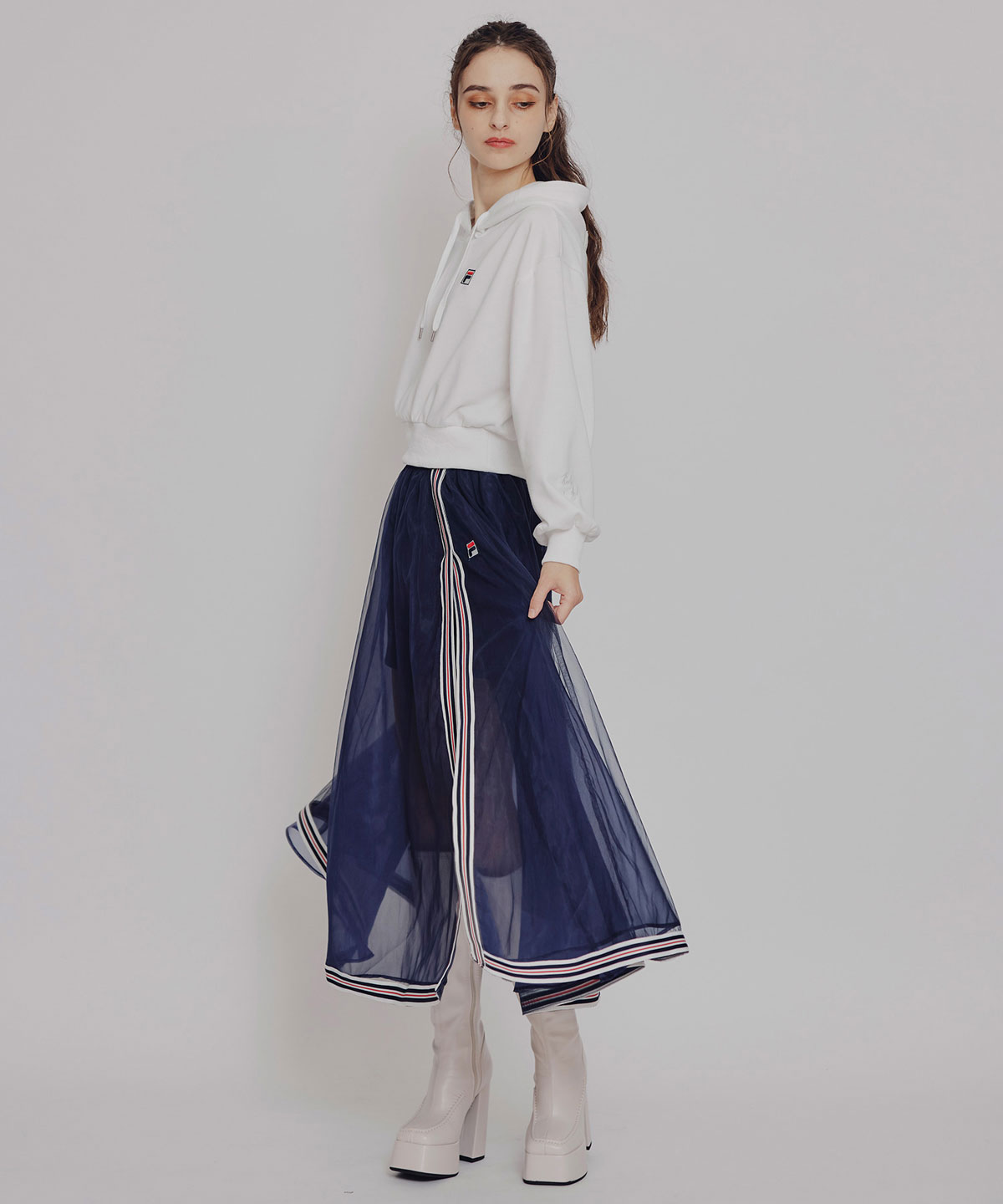 ［FILA×REDYAZEL］チュールレイヤードショートパンツ×トリコロールラインスリットロングスカート