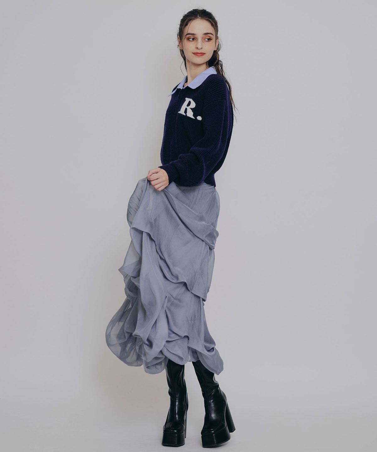 タックバルーンボリュームシフォンロングスカート