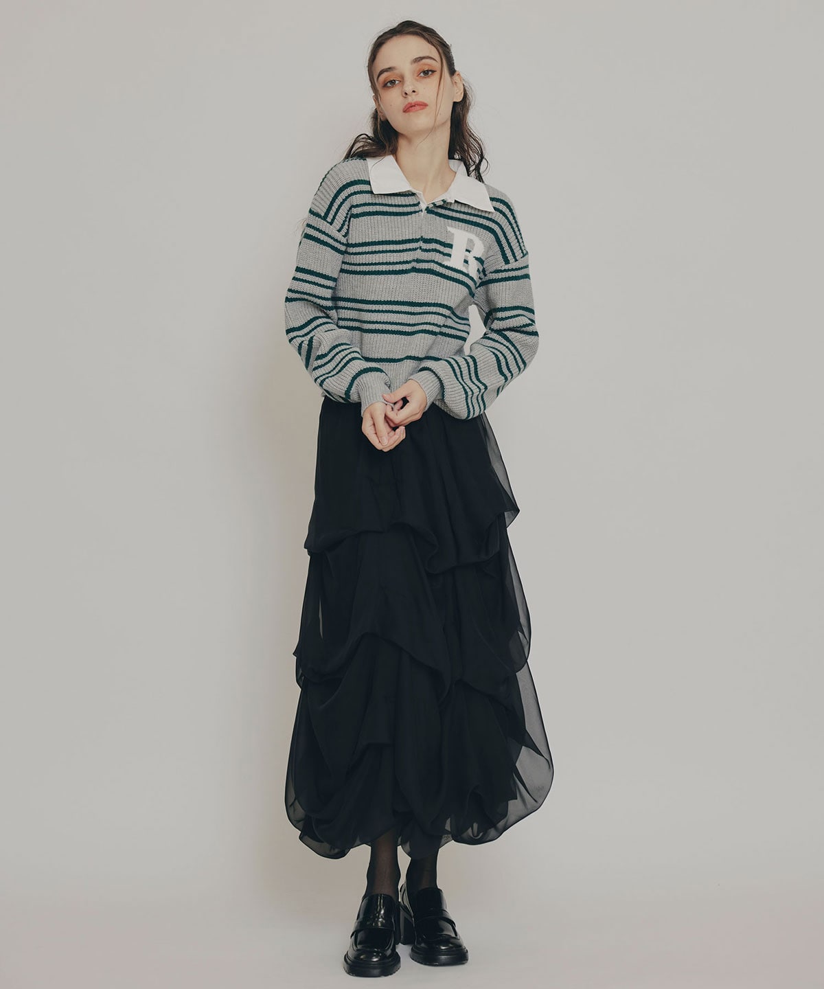 タックバルーンボリュームシフォンロングスカート