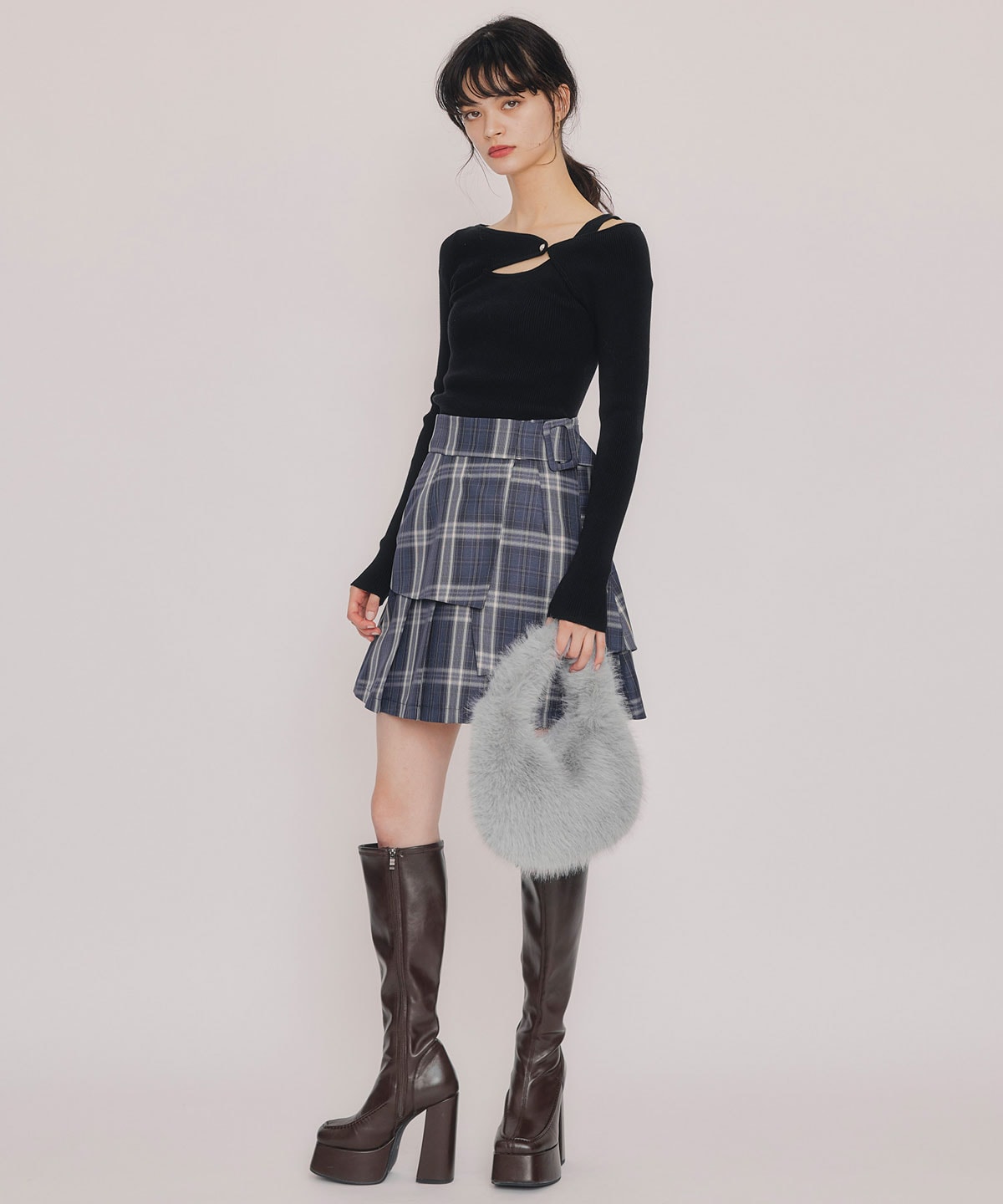 レイヤードライクチェックプリーツミニスカート