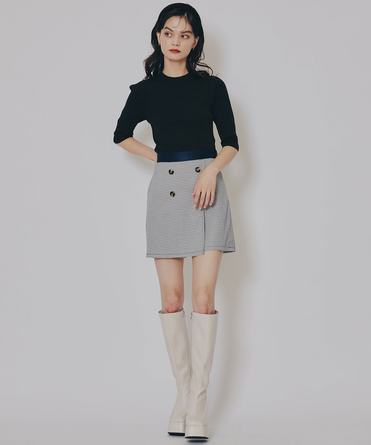 【セットアップ可能】グレンチェックミニラップスカートライクショートパンツ