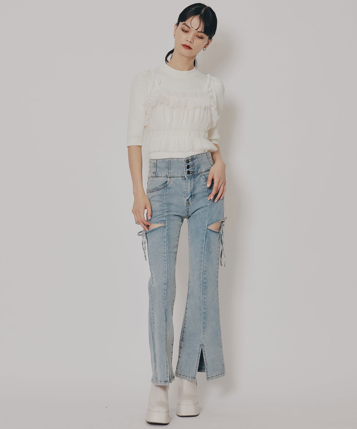 カットアウトリボンストレッチデニム