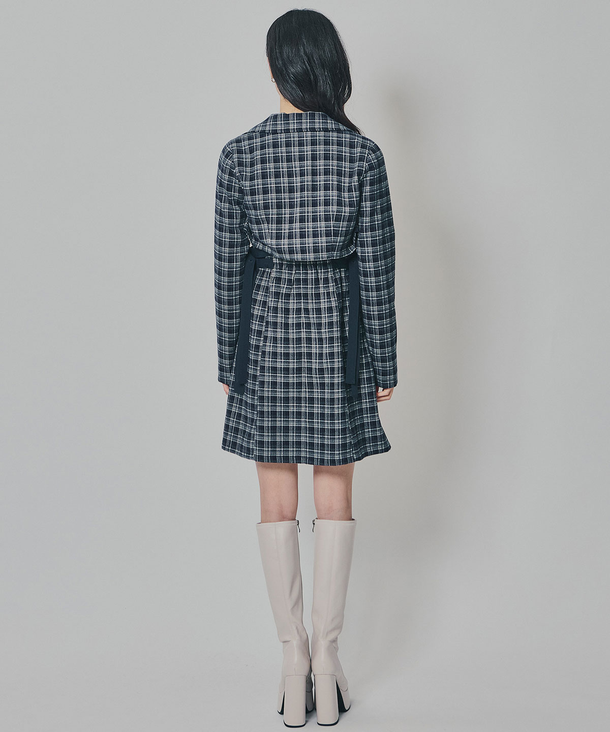 チェックショートジャケット×Wベルトワンピースセットアップ