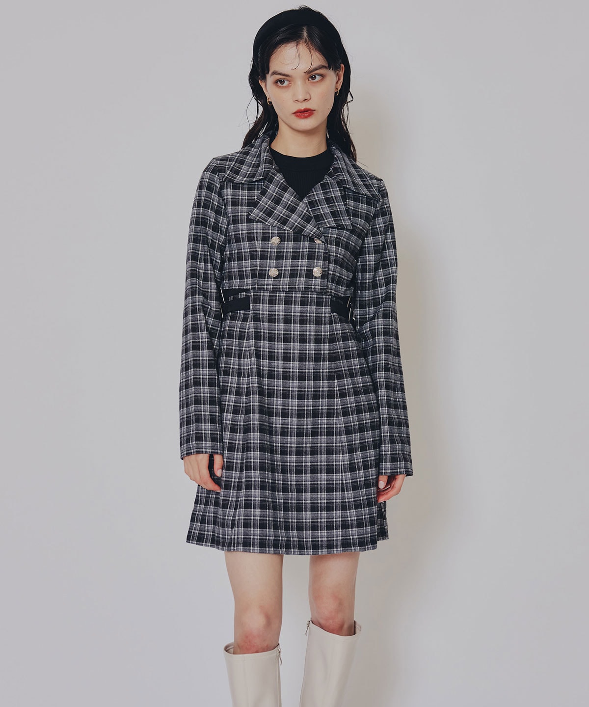 チェックショートジャケット×Wベルトワンピースセットアップ