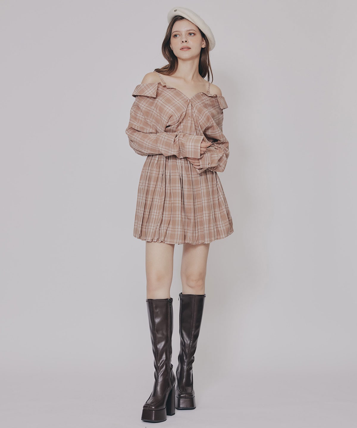 マルチWAYチェックブラウス×バルーンスカートセットアップ