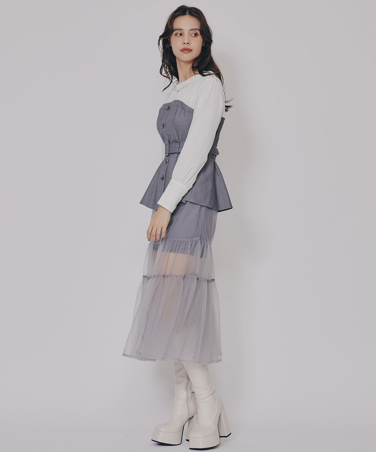 シャツドッキングチュールワンピース&ショートパンツセットアップ