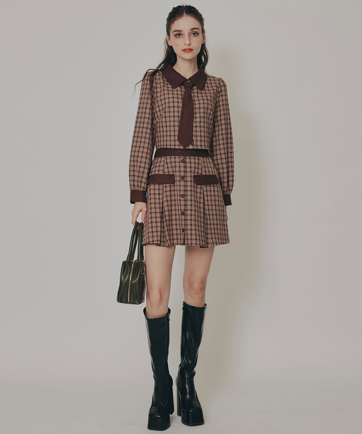 バイカラークラシックチェックブラウス×ミニスカートセットアップ