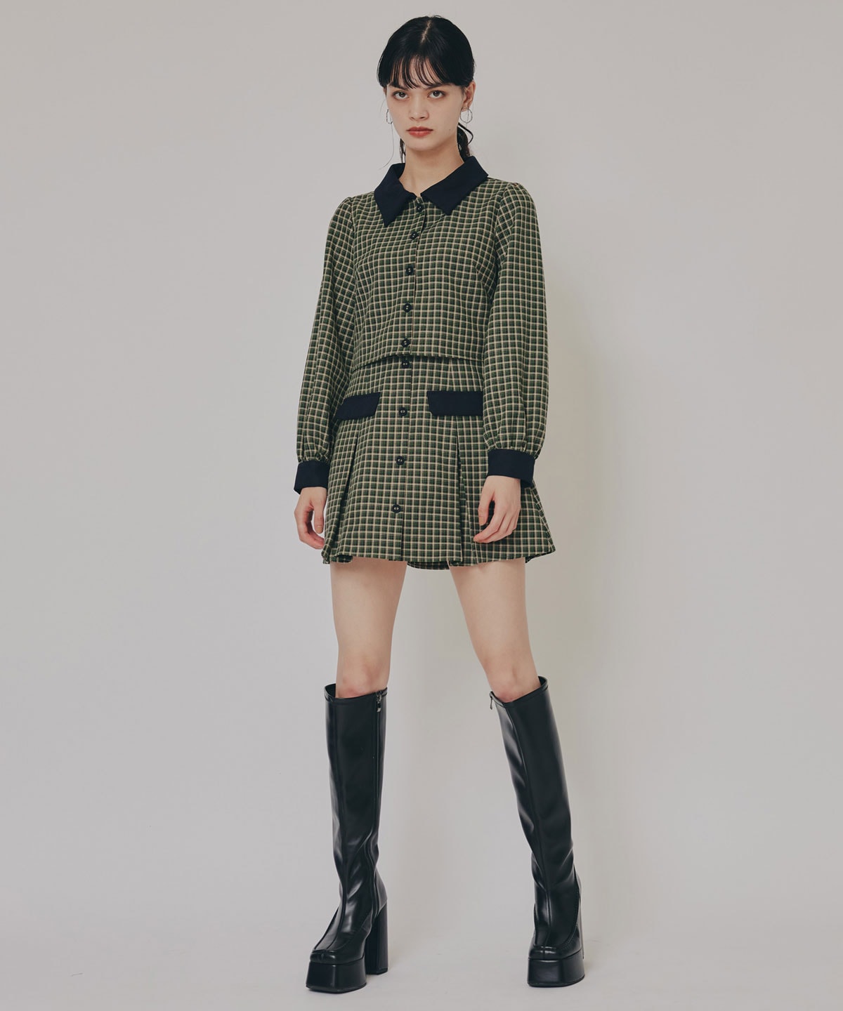 バイカラークラシックチェックブラウス×ミニスカートセットアップ