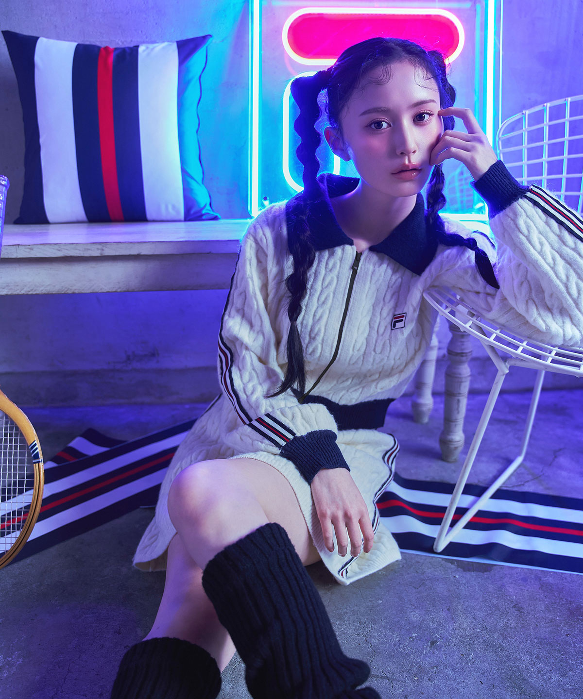 ［FILA×REDYAZEL］ケーブルニットトリコロールラインジャケット×タイトミニスカートセットアップ