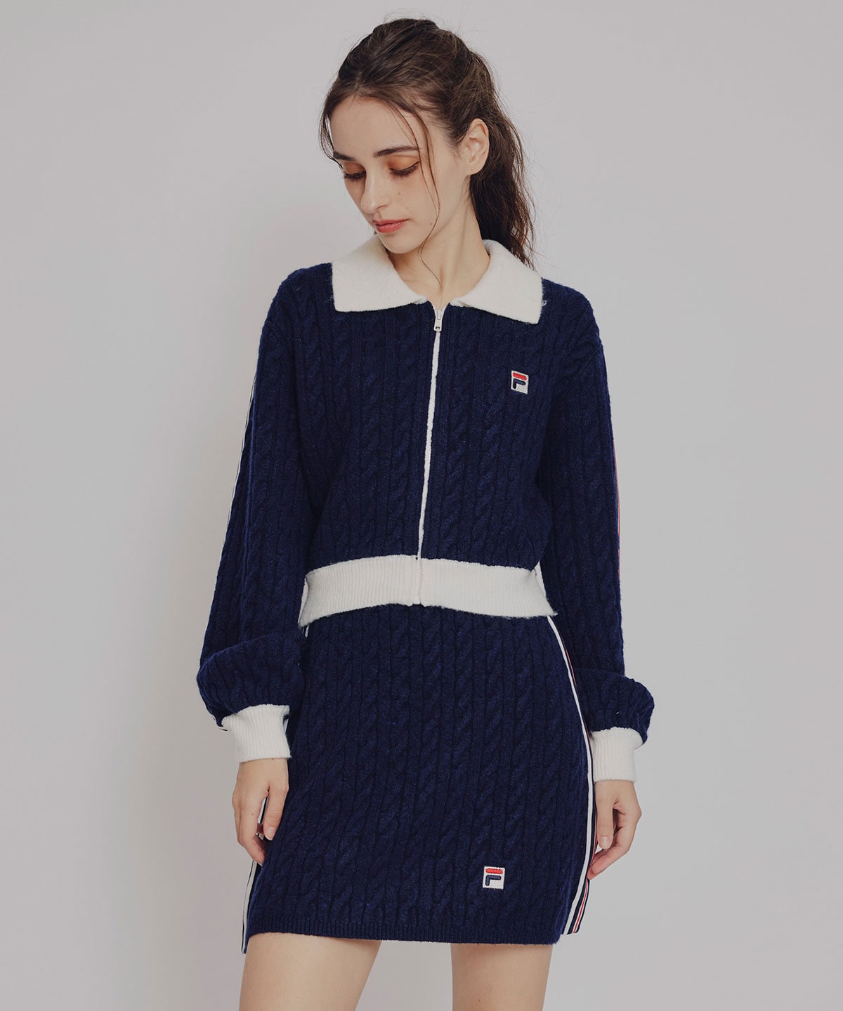 ［FILA×REDYAZEL］ケーブルニットトリコロールラインジャケット×タイトミニスカートセットアップ