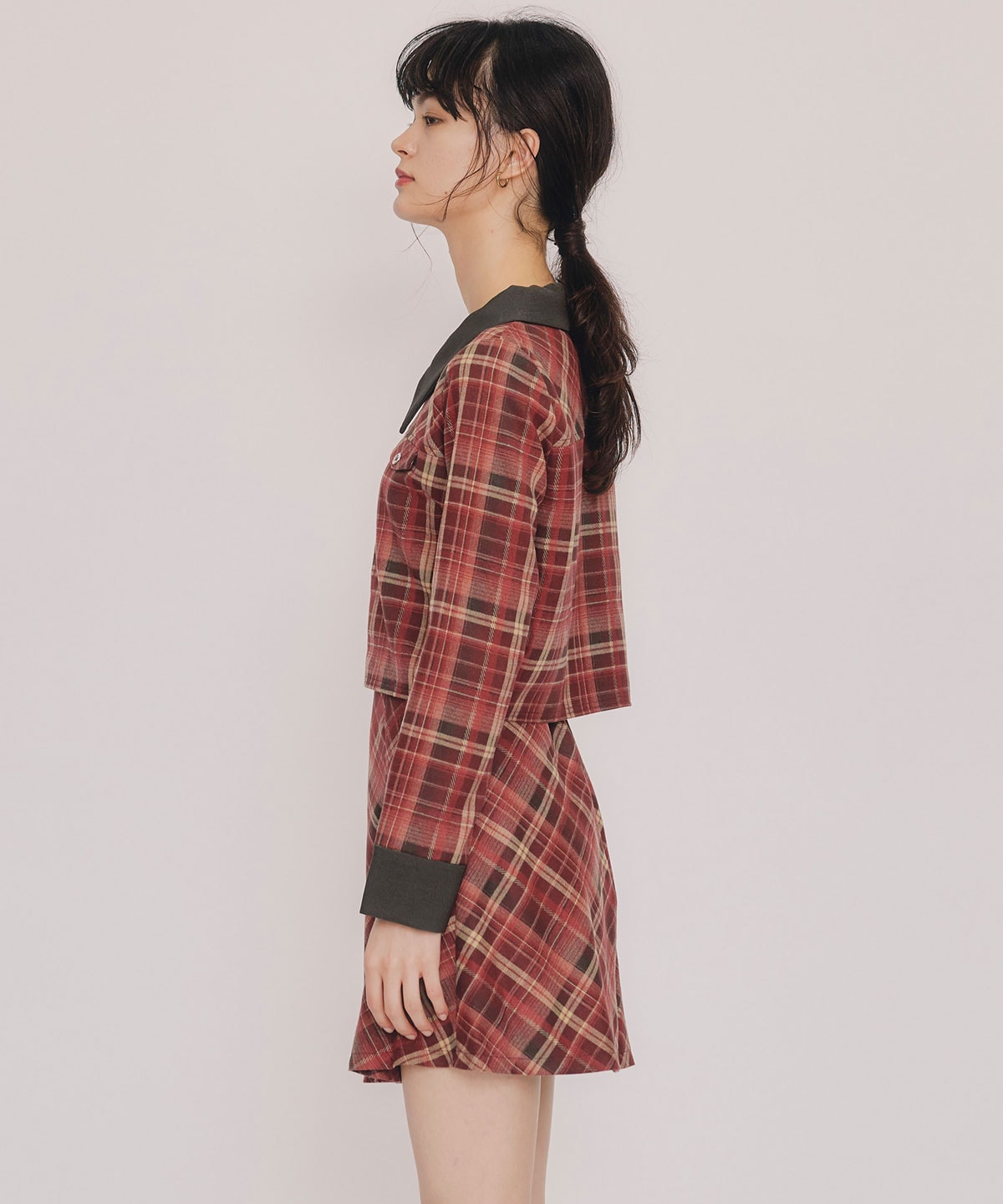 バイアスチェックショートブラウス×プリーツミニスカートセットアップ