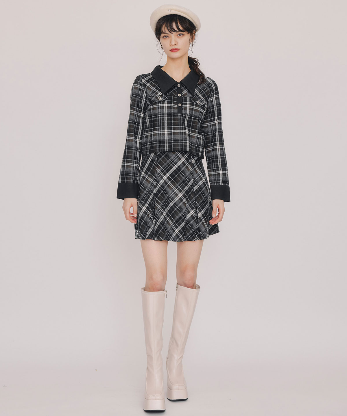 バイアスチェックショートブラウス×プリーツミニスカートセットアップ