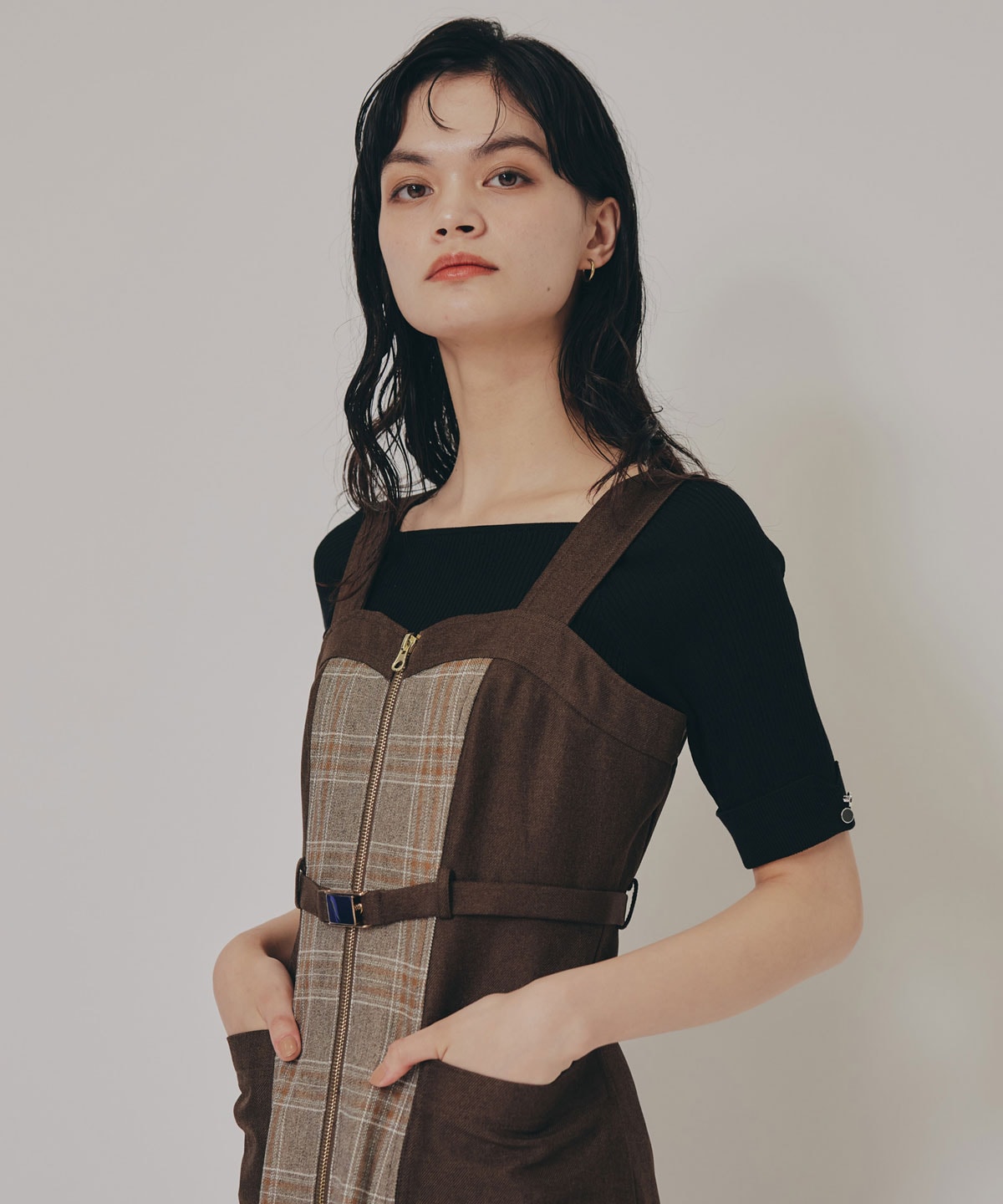 フロントジップバイカラーチェックワンピース