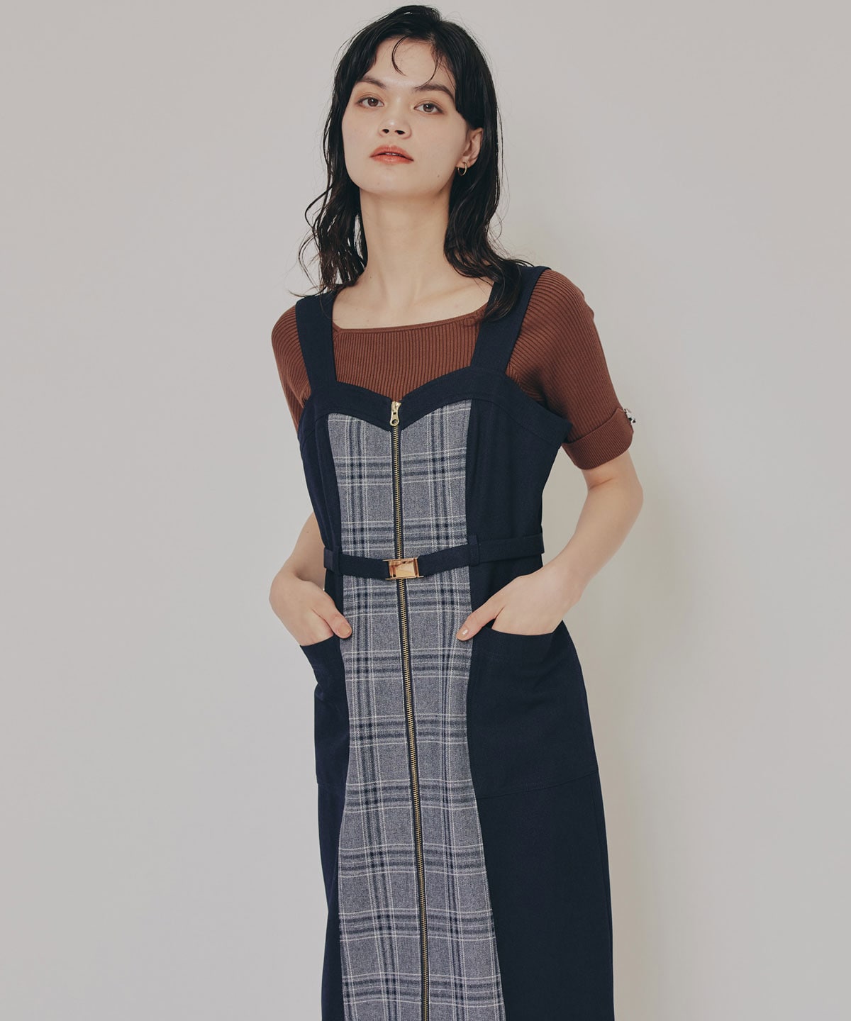 フロントジップバイカラーチェックワンピース