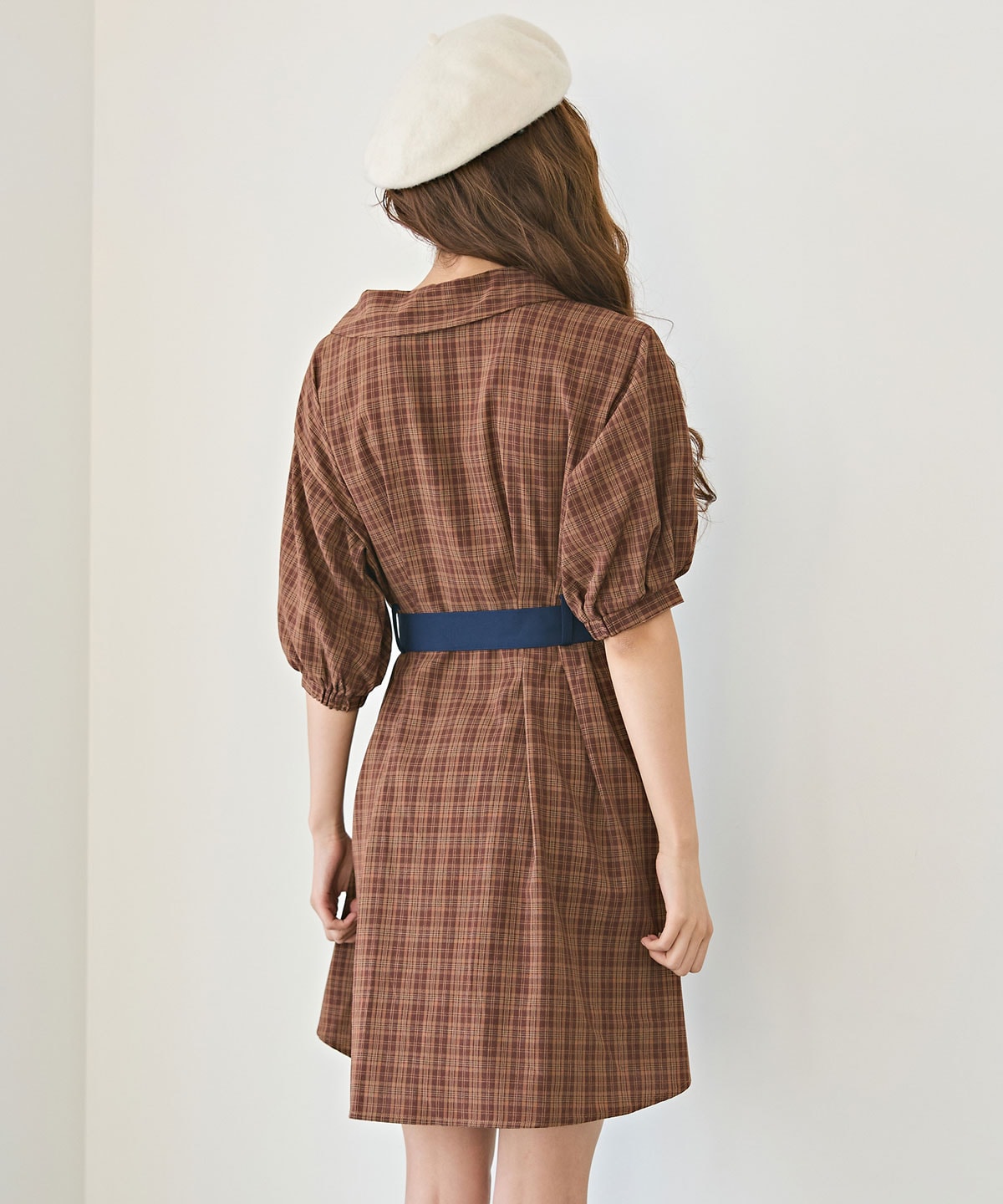 チェックバイカラーウエストベルトシャツワンピース