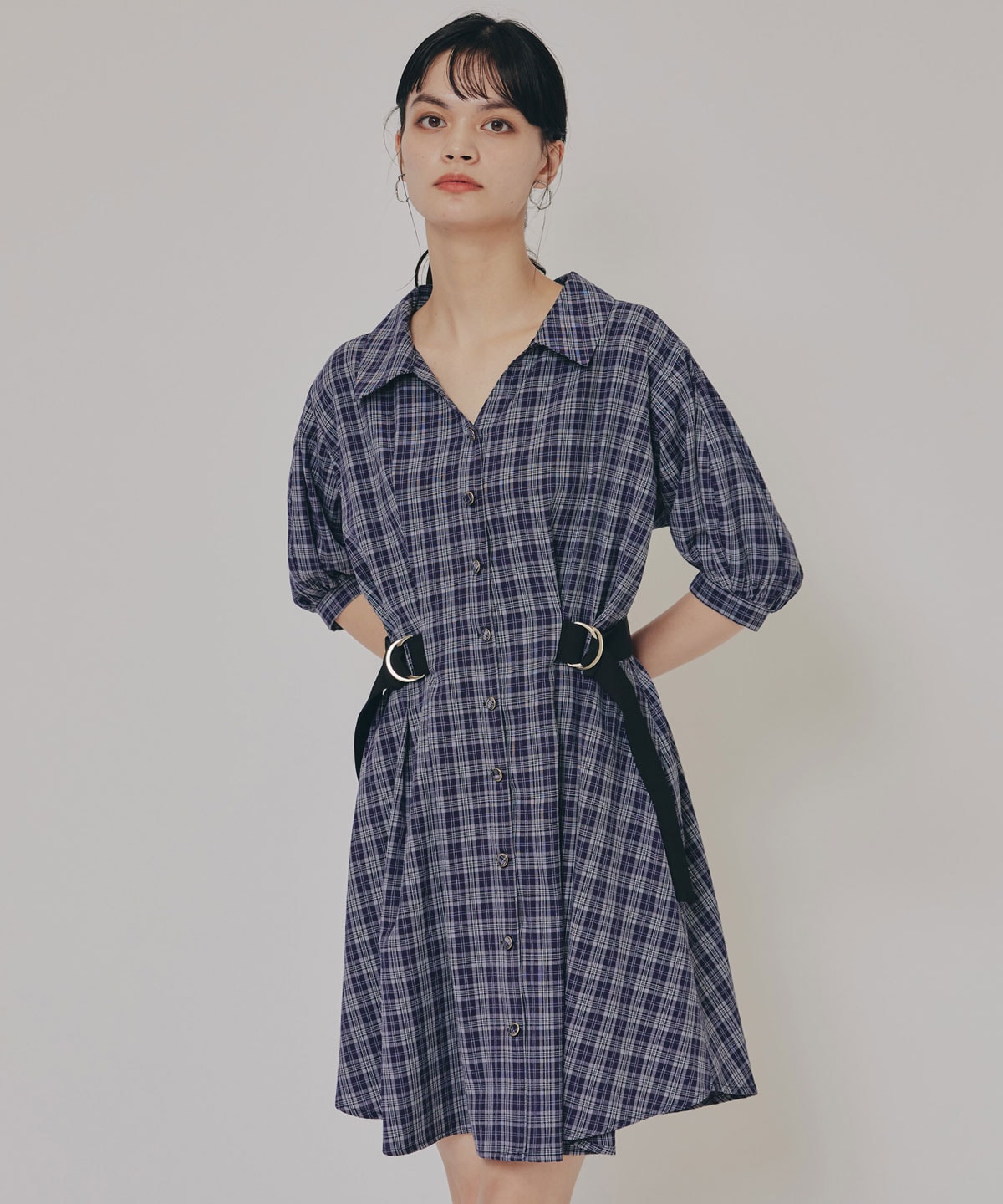 チェックバイカラーウエストベルトシャツワンピース