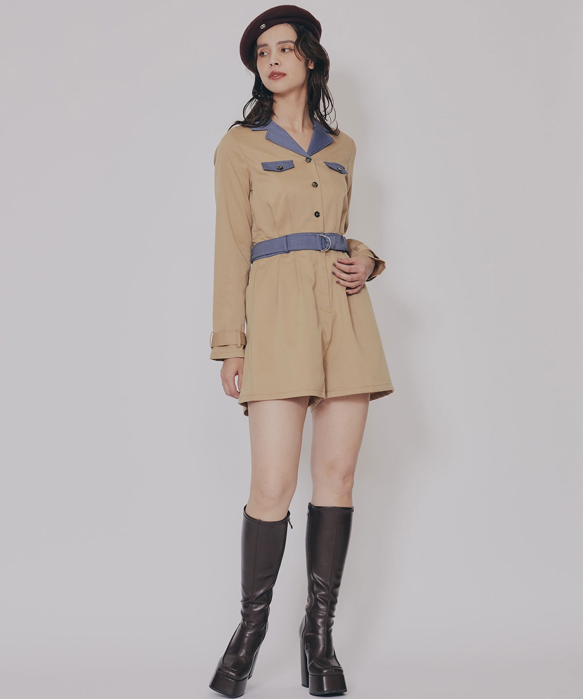 バイカラーベルトショートオールインワン