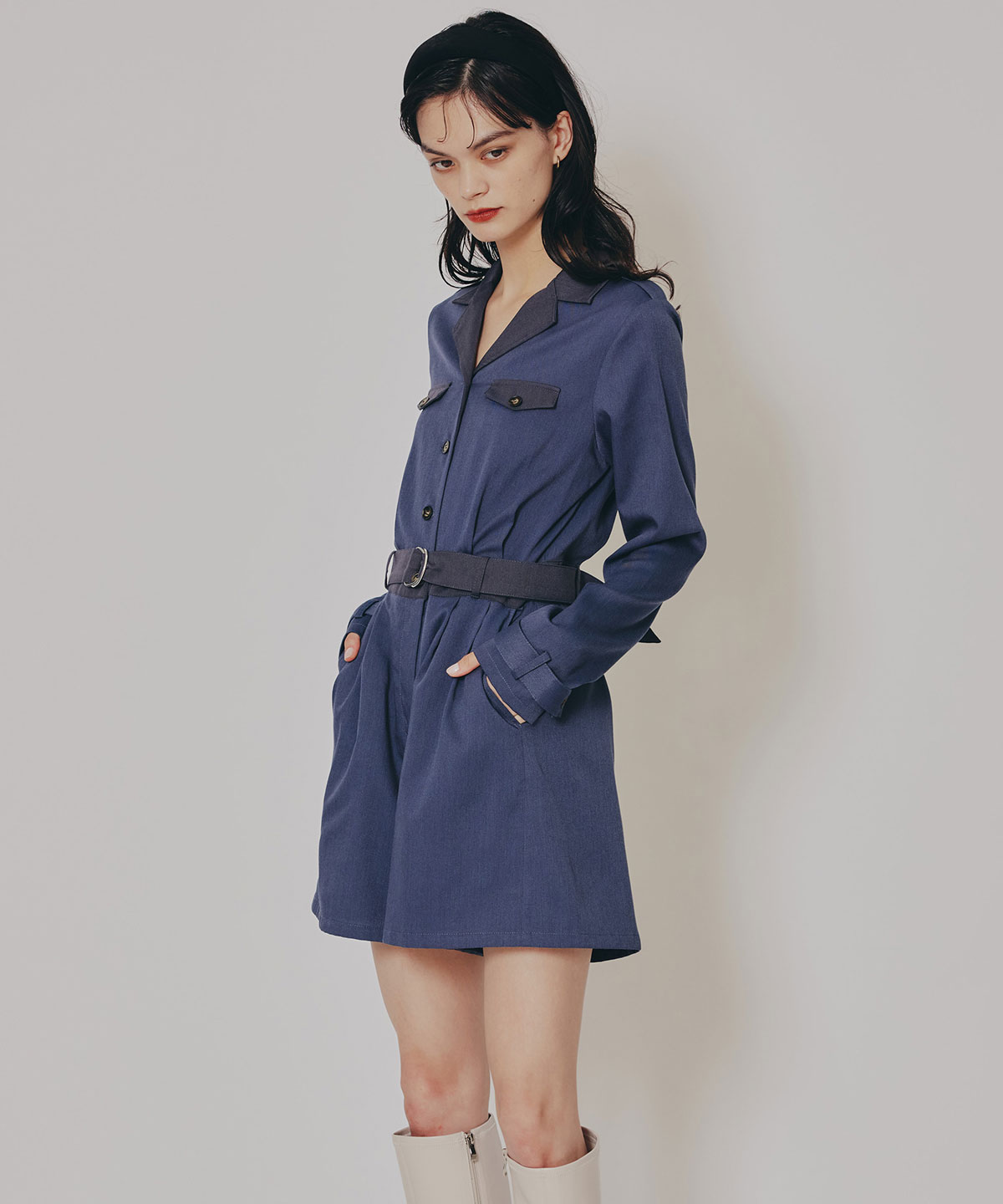 バイカラーベルトショートオールインワン