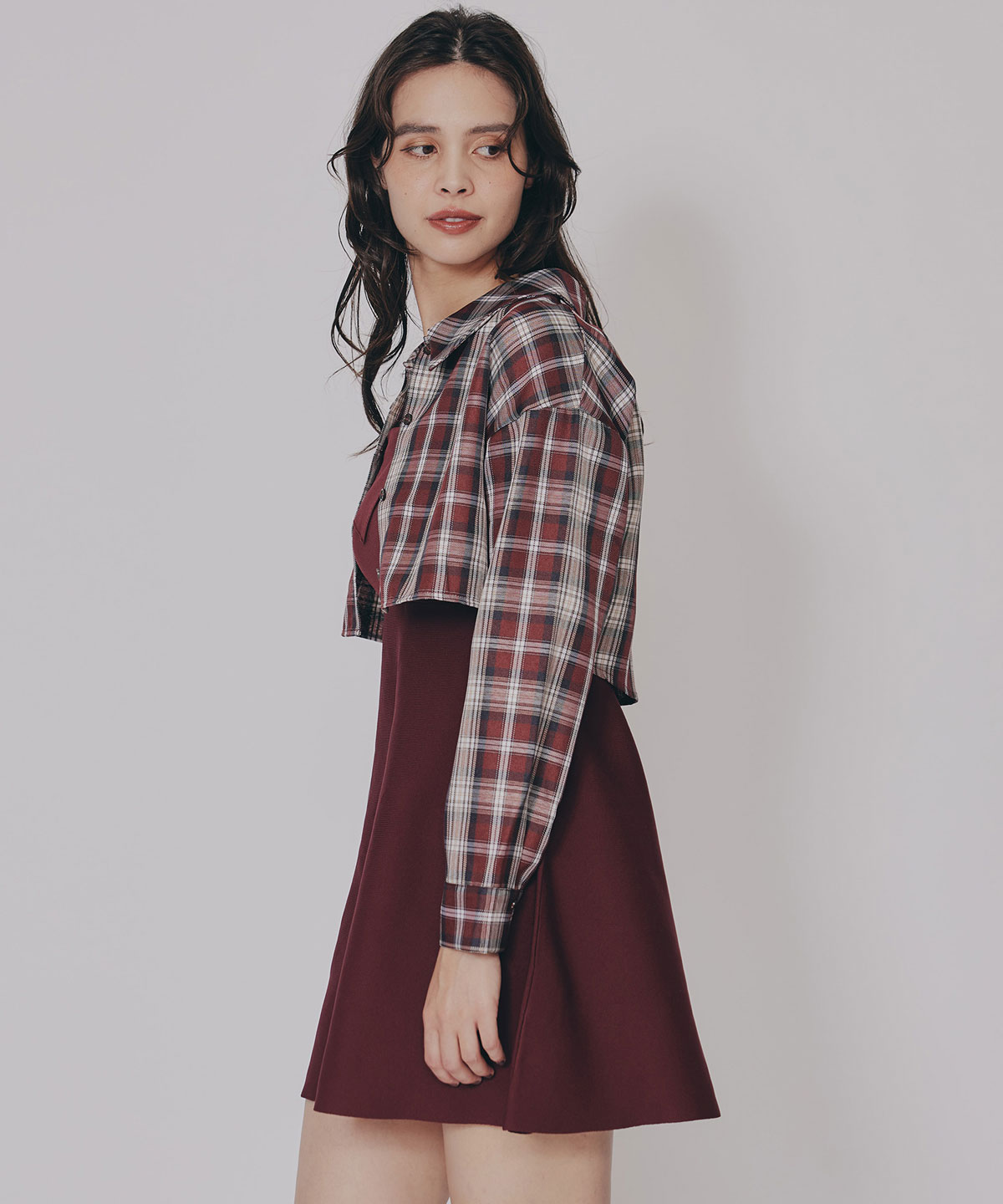 チェックショートシャツ×ニットミニワンピース
