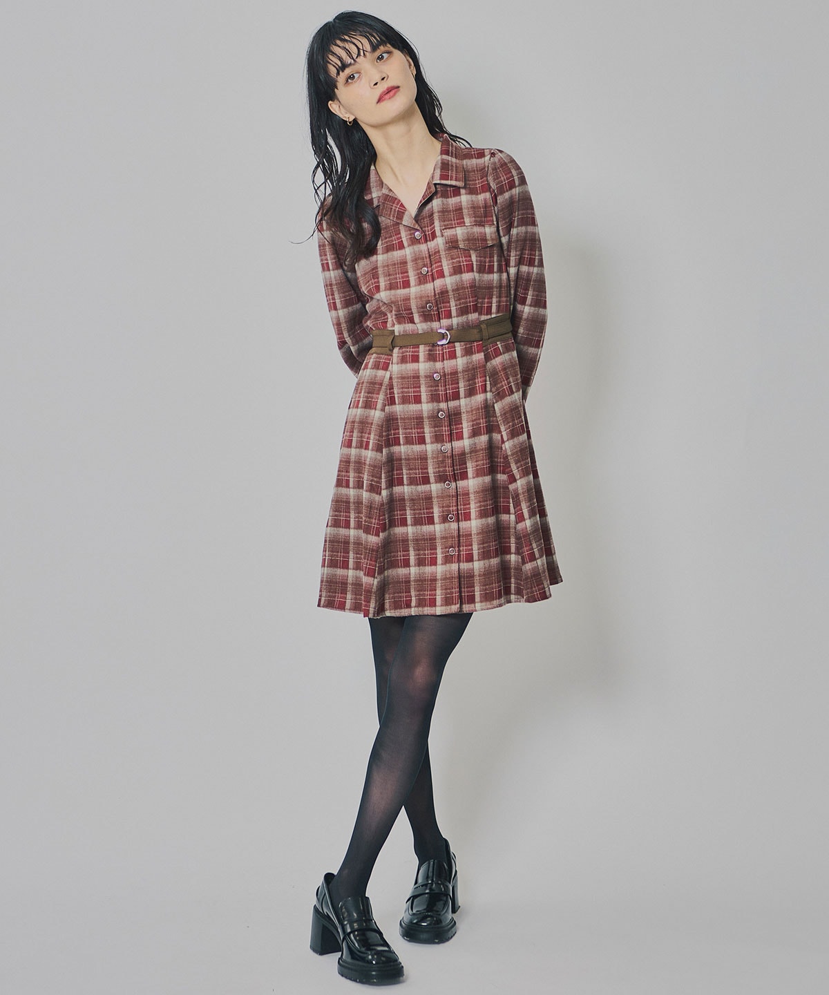 ウエストベルトチェックミニワンピース