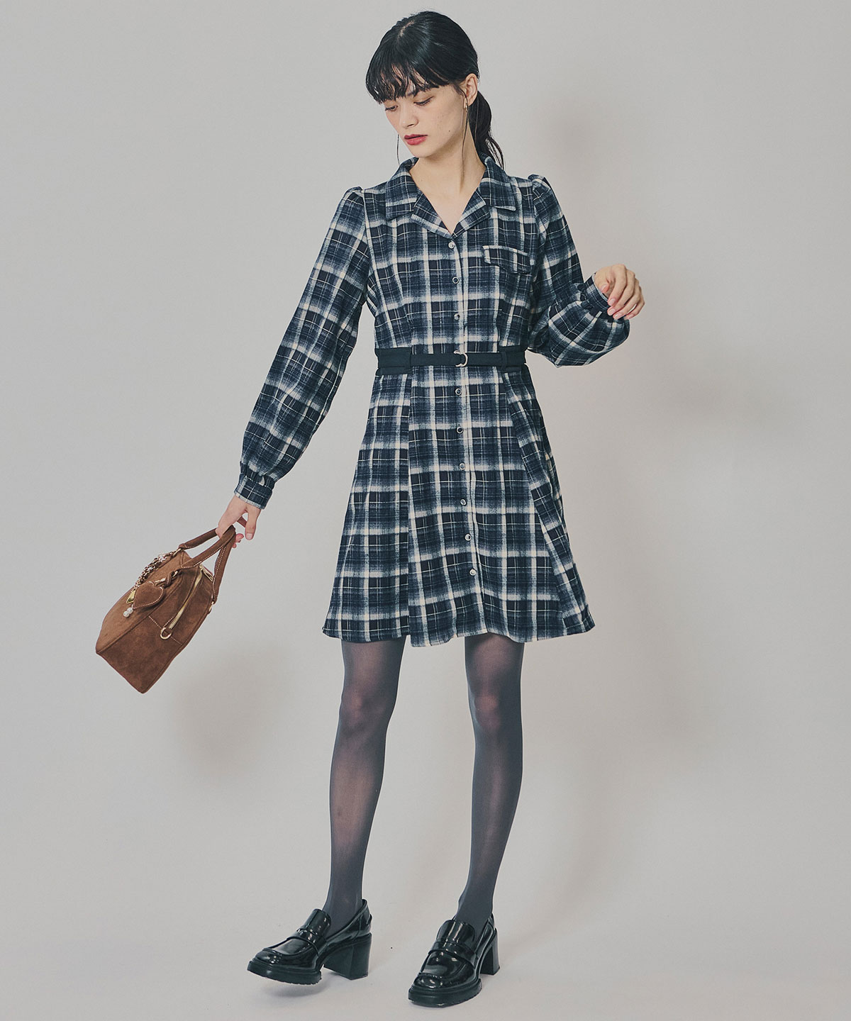 ウエストベルトチェックミニワンピース