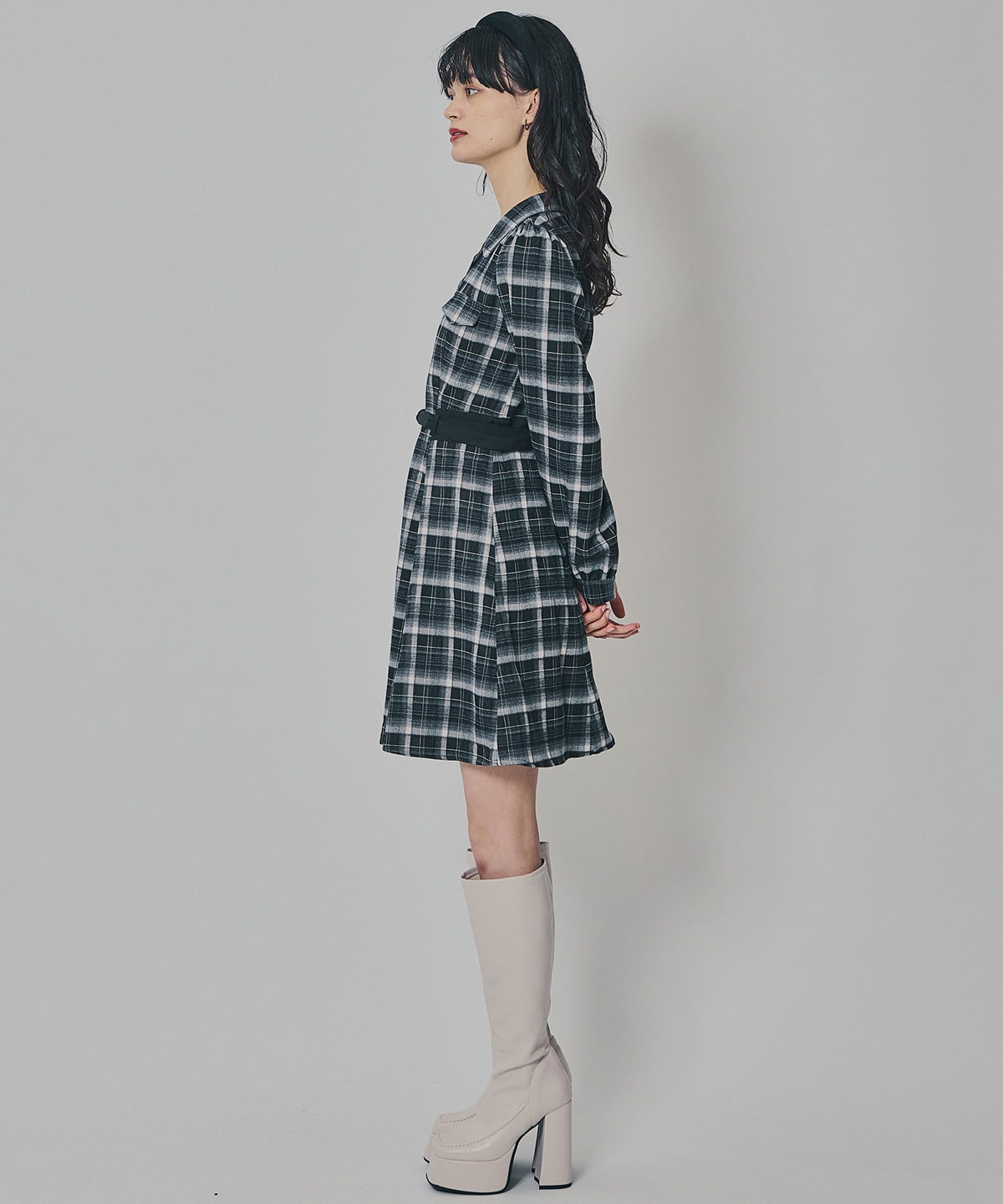 ウエストベルトチェックミニワンピース