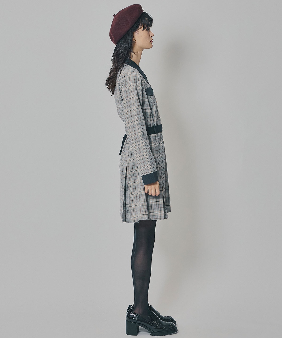 バイカラーチェックボックスプリーツシャツミニワンピース