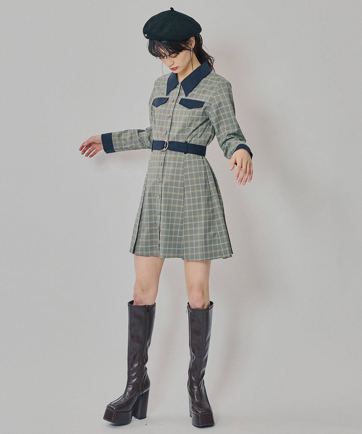 バイカラーチェックボックスプリーツシャツミニワンピース