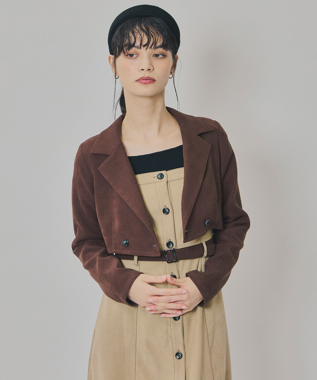 スエードライクショートジャケット×バイカラーワンピースセットアップ