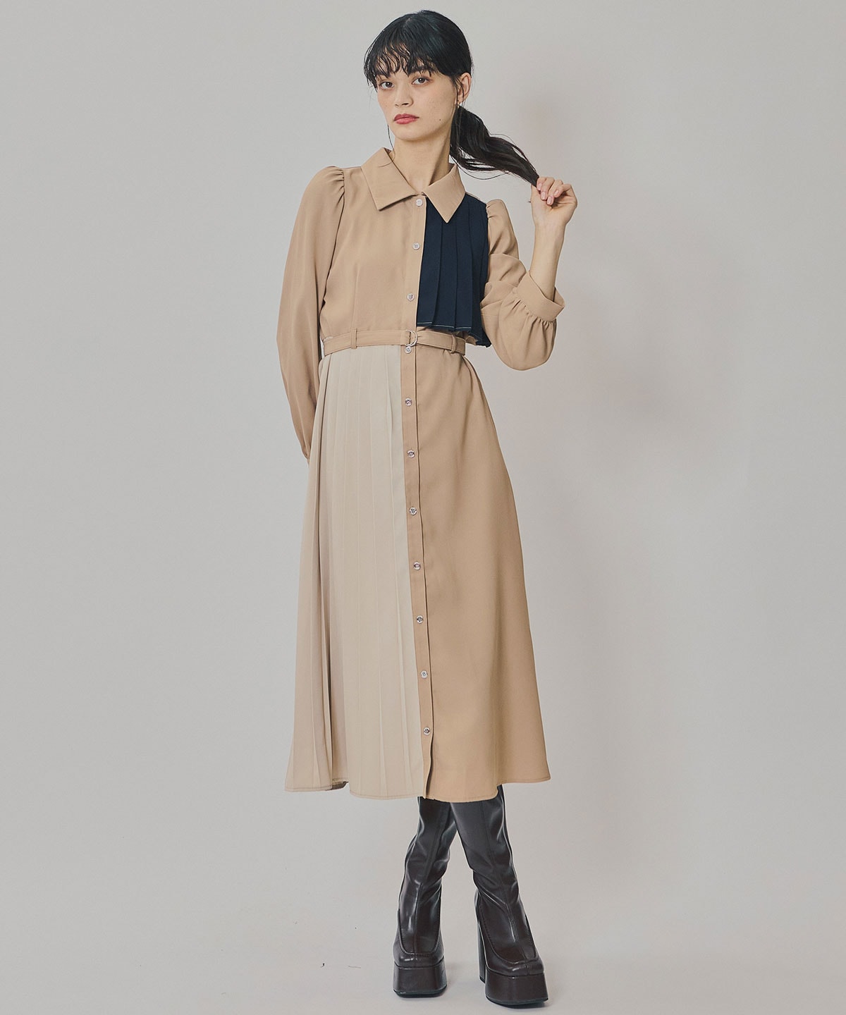 カラーブロックパネルアシメプリーツワンピース