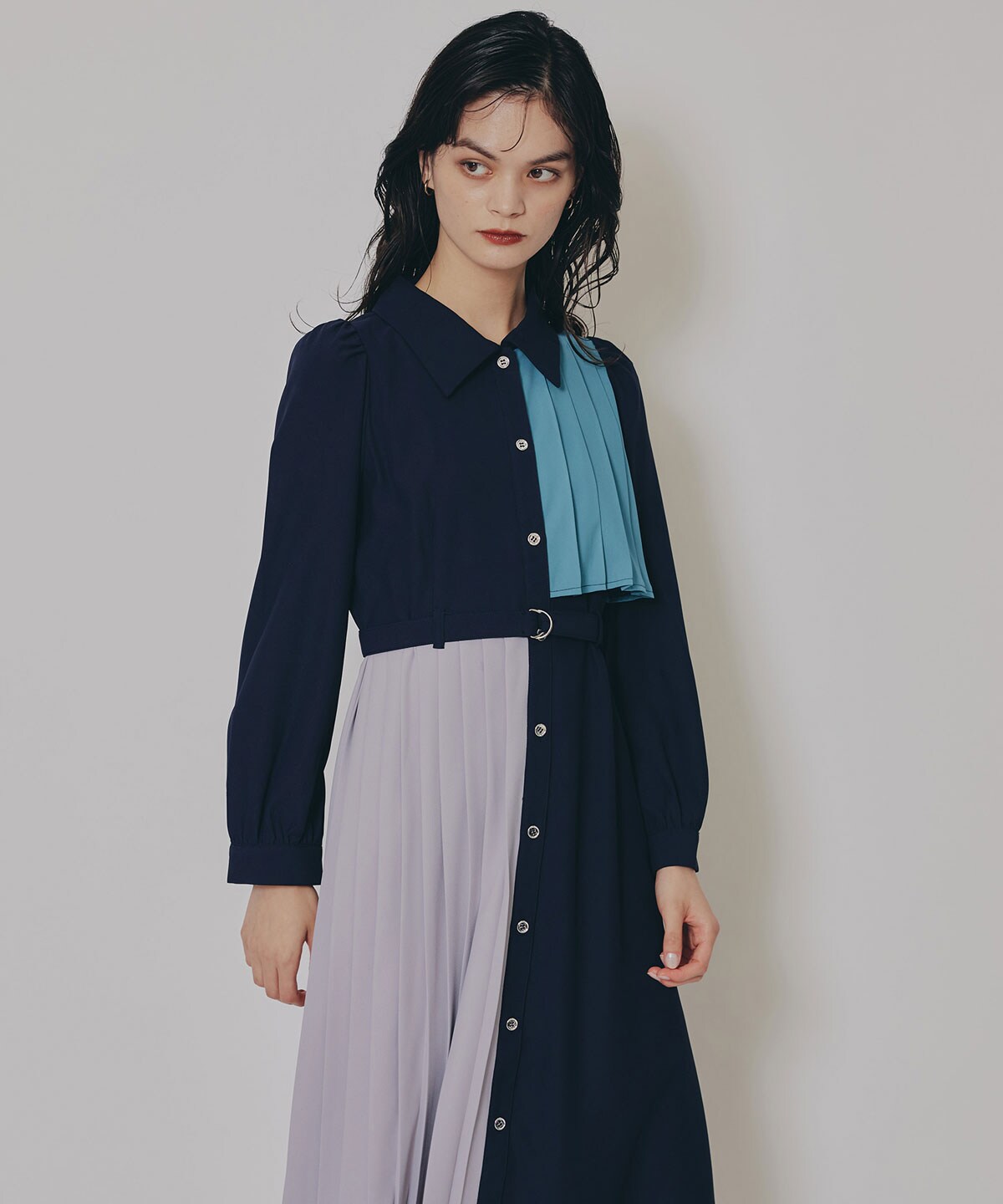 カラーブロックパネルアシメプリーツワンピース