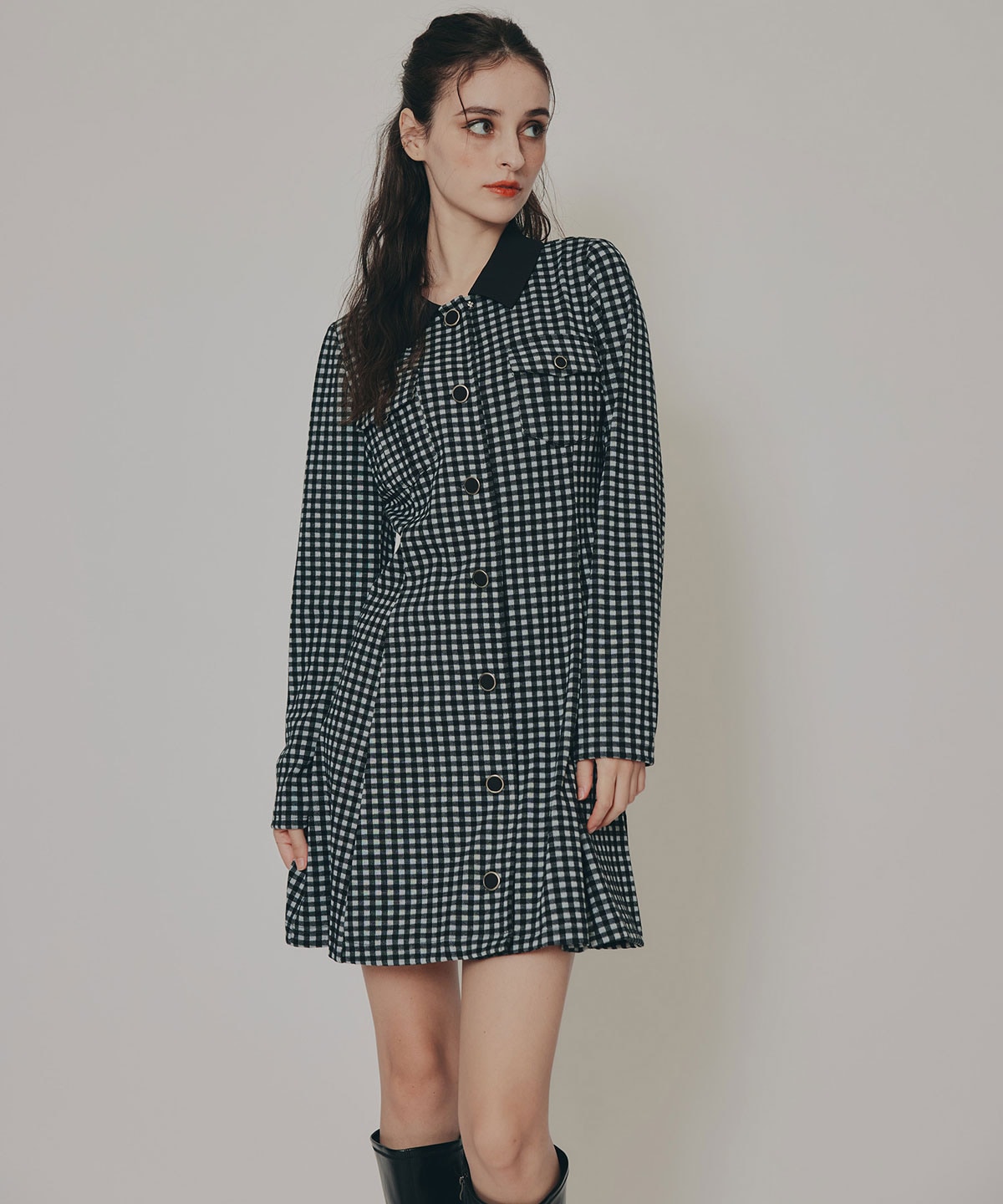 チェックバイカラーカットミニワンピース