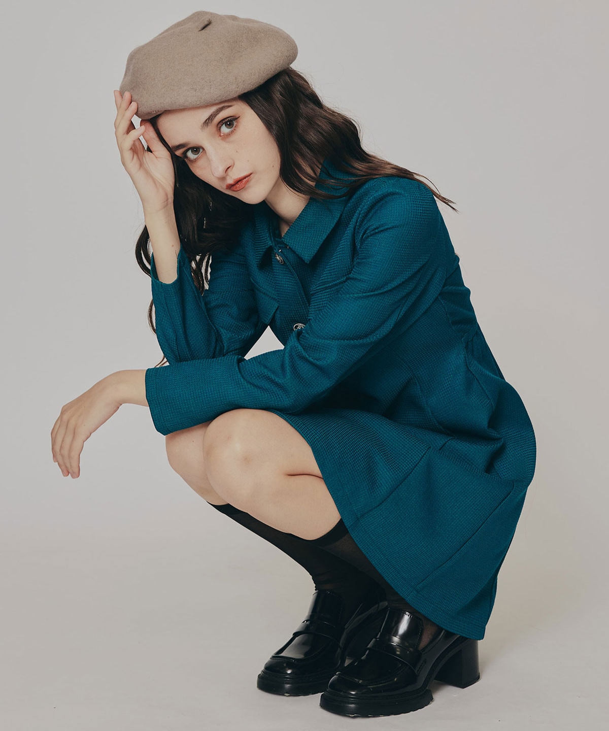 エンブレムボタンマイクロワッフルシャツワンピース(S グリーン エンブレムボタンマイクロワッフルシャツワンピース(S グリーン