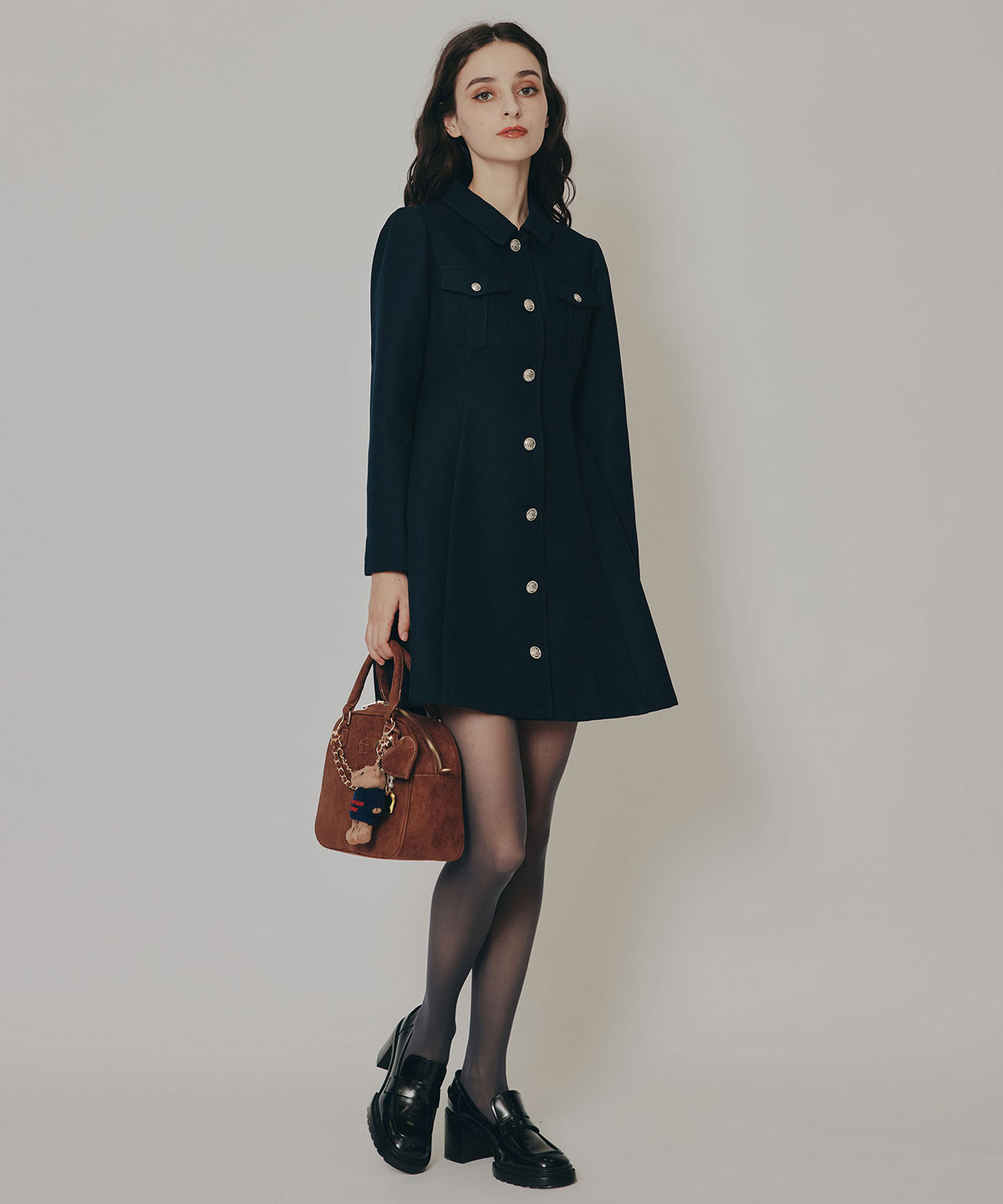 エンブレムボタンマイクロワッフルシャツワンピース