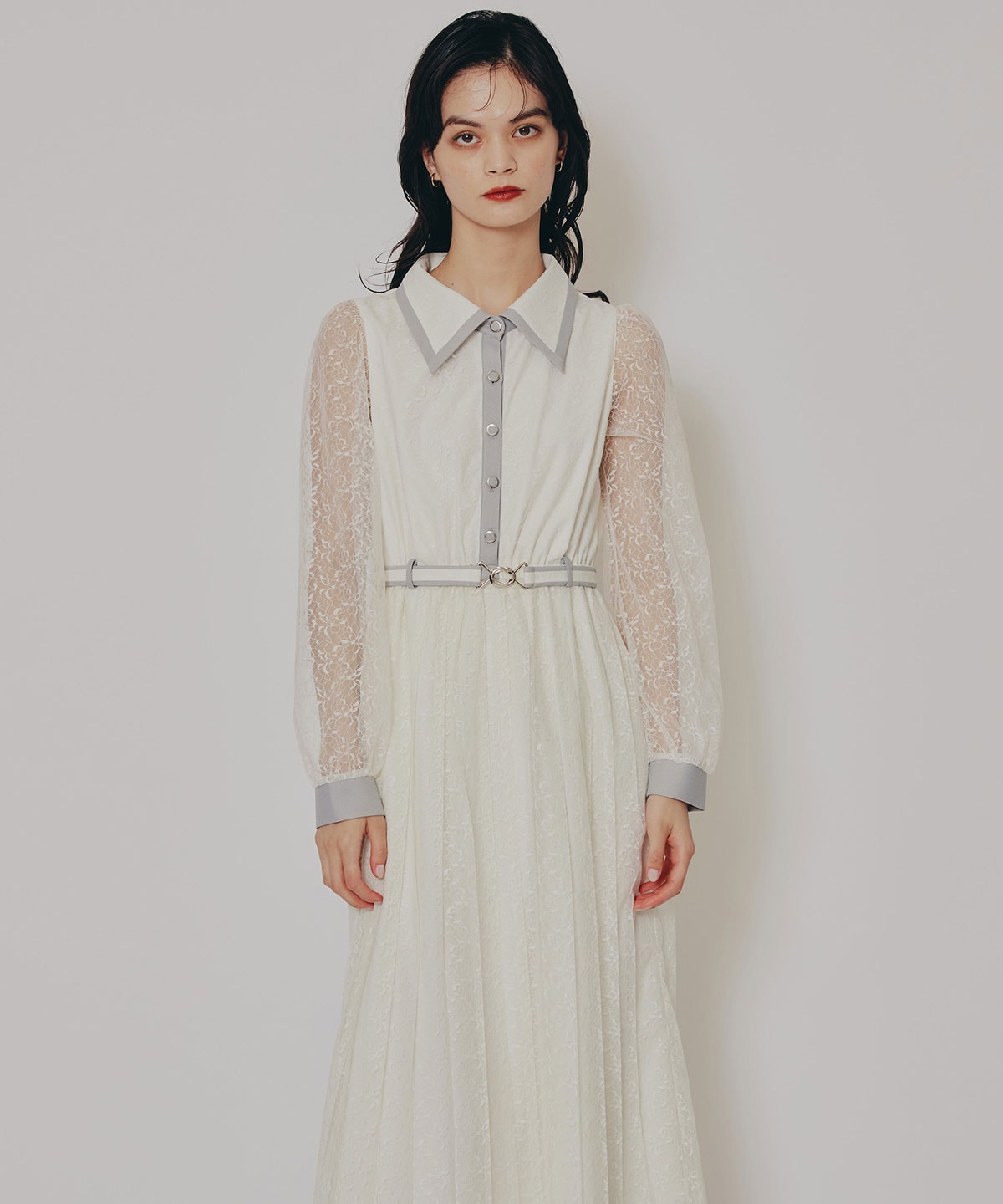 バイカラーレースプリーツロングスリーブワンピース
