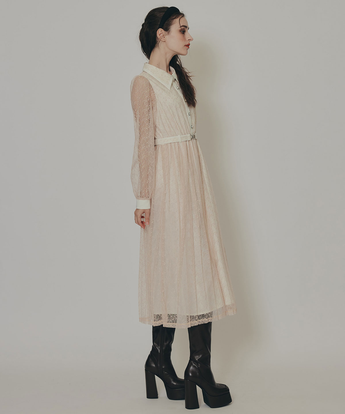 バイカラーレースプリーツロングスリーブワンピース