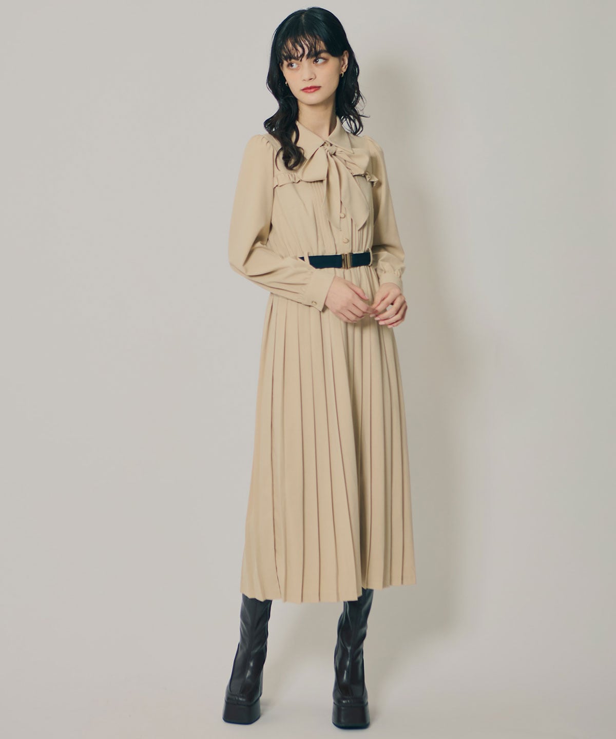 プリーツボウタイシャツロングワンピース