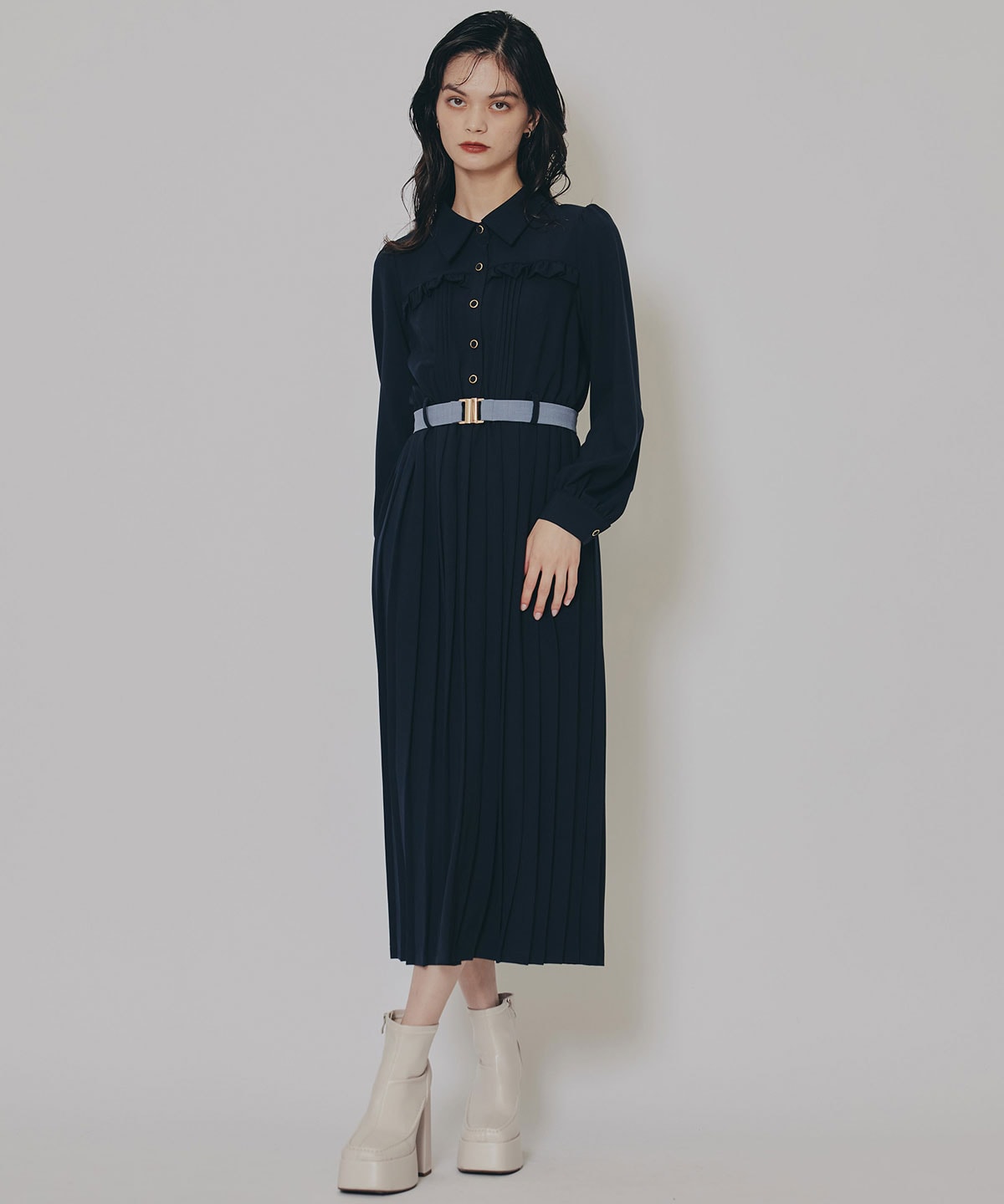 プリーツボウタイシャツロングワンピース