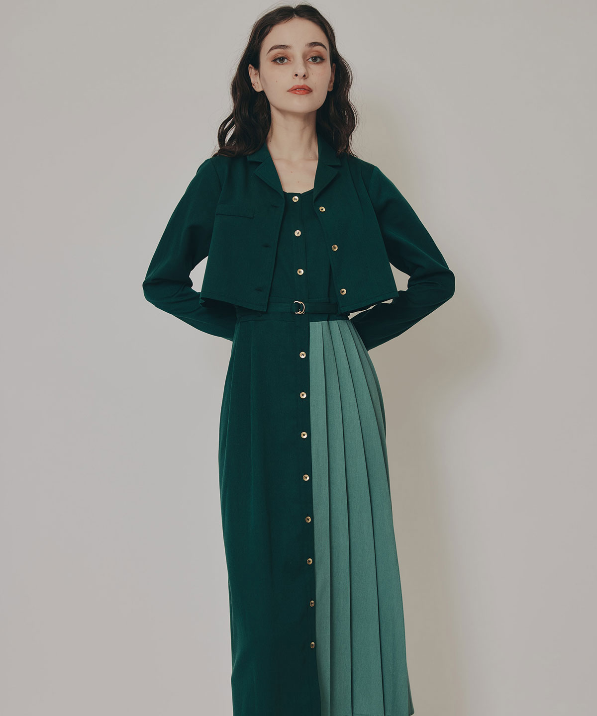 バイカラーアシメプリーツロングスリーブシャツワンピース