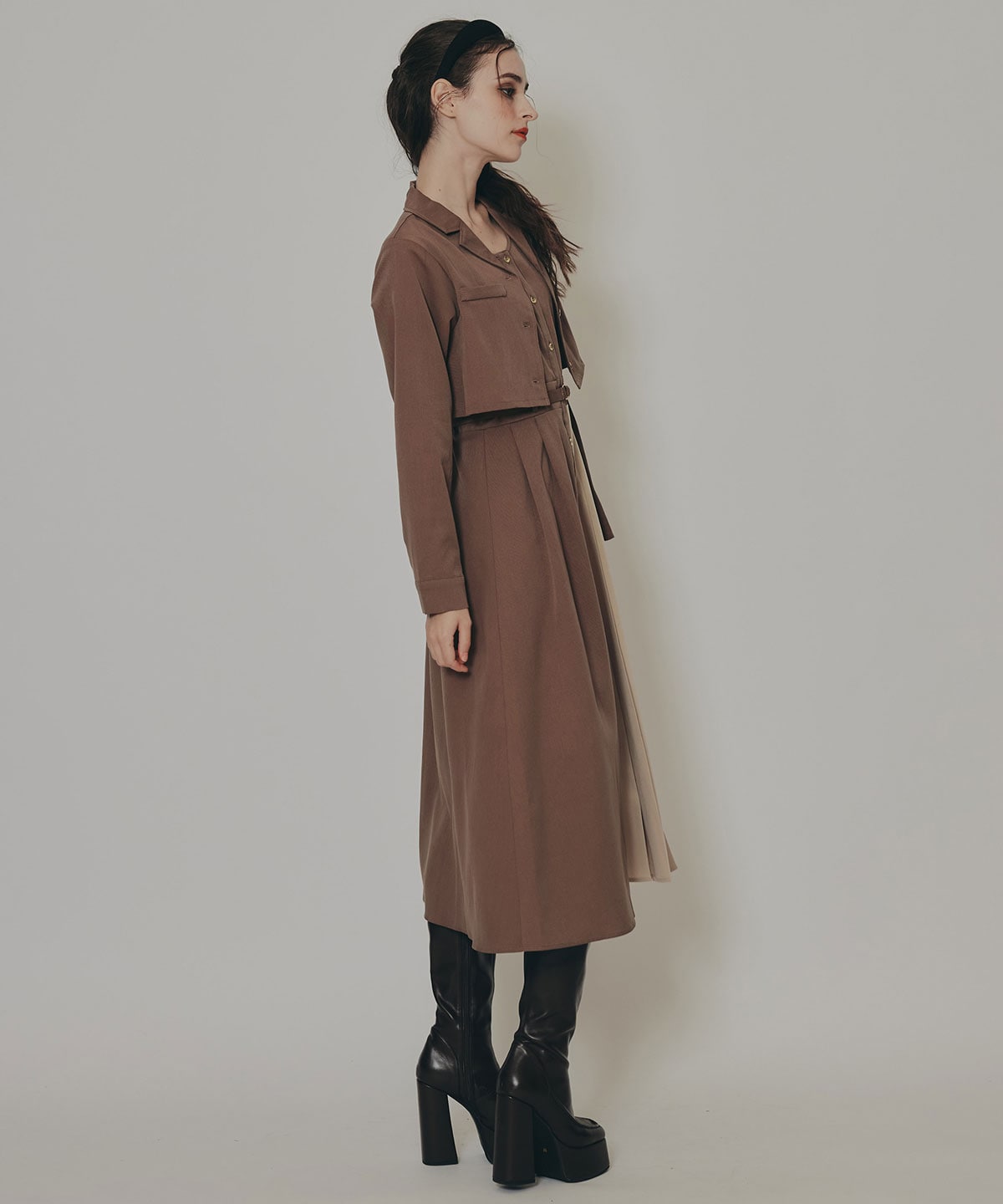 バイカラーアシメプリーツロングスリーブシャツワンピース