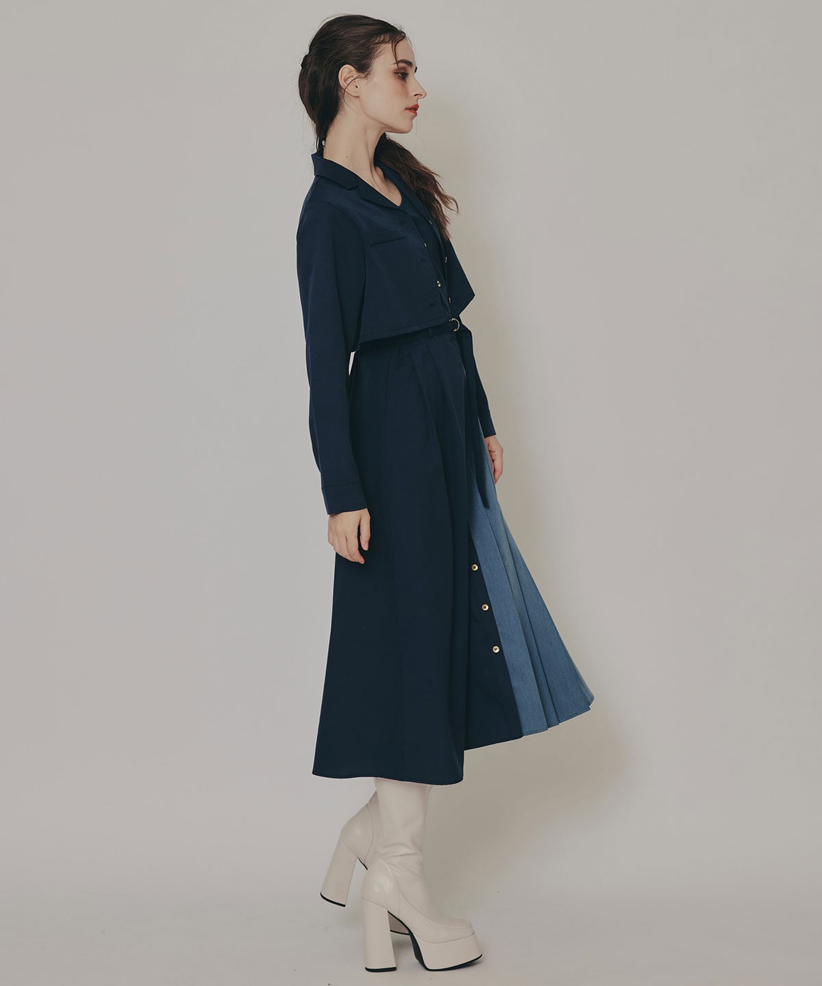 バイカラーアシメプリーツロングスリーブシャツワンピース