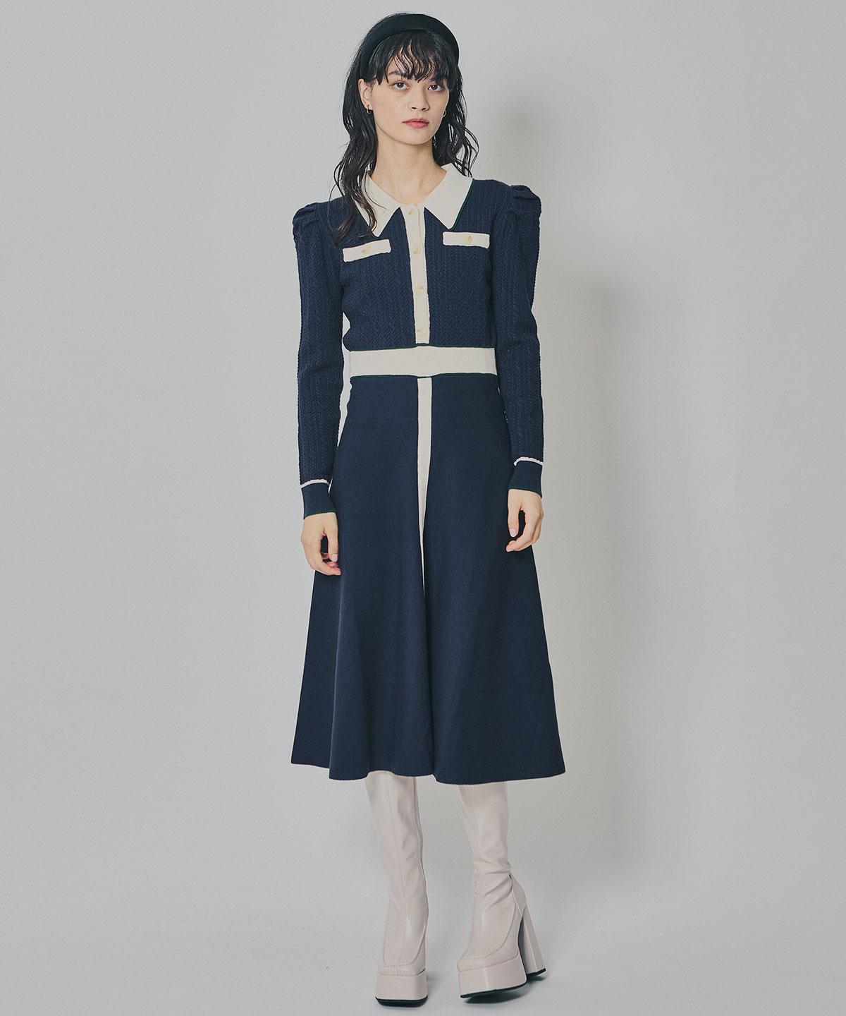 マルチケーブルバイカラーニットワンピース