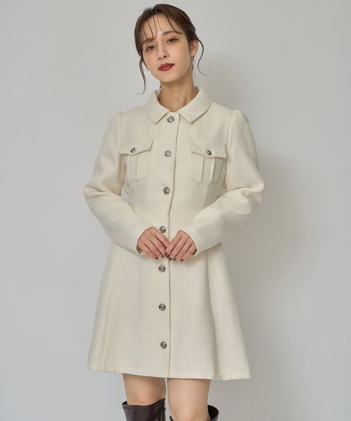 エンブレムボタンツイードシャツミニワンピース