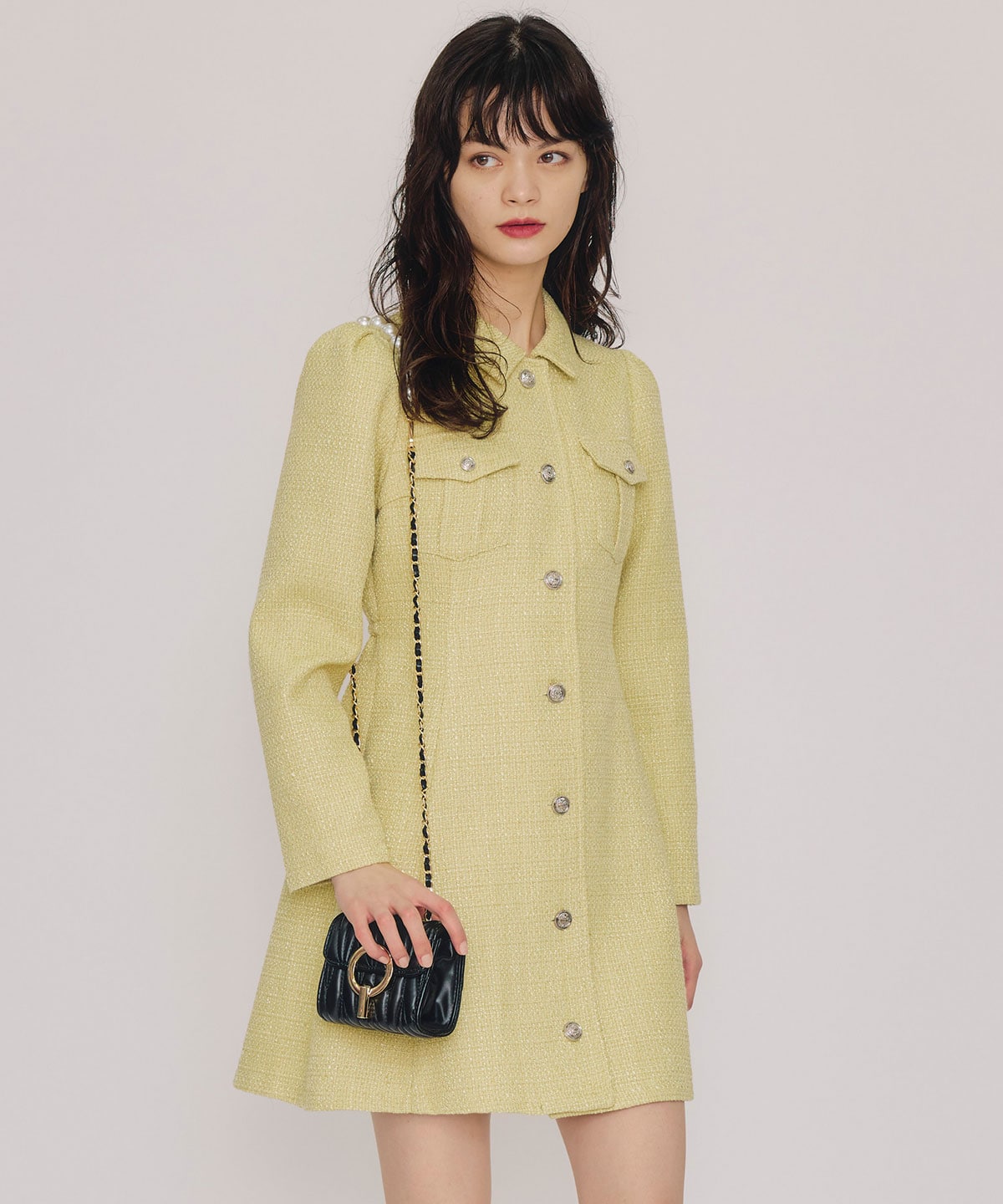 エンブレムボタンツイードシャツミニワンピース