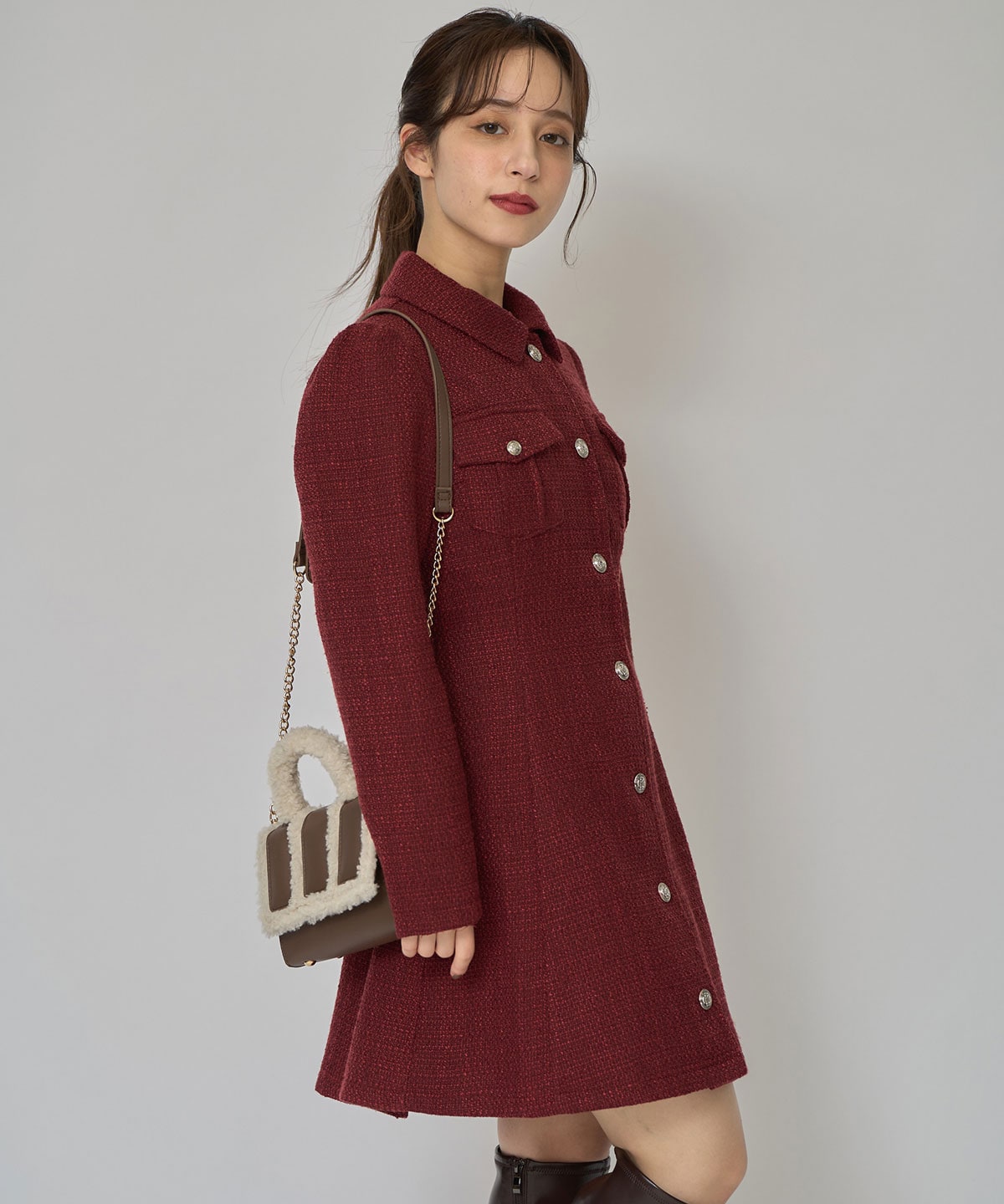 エンブレムボタンツイードシャツミニワンピース